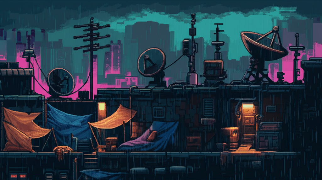 CyberIdle art style - rainy rooftop scene