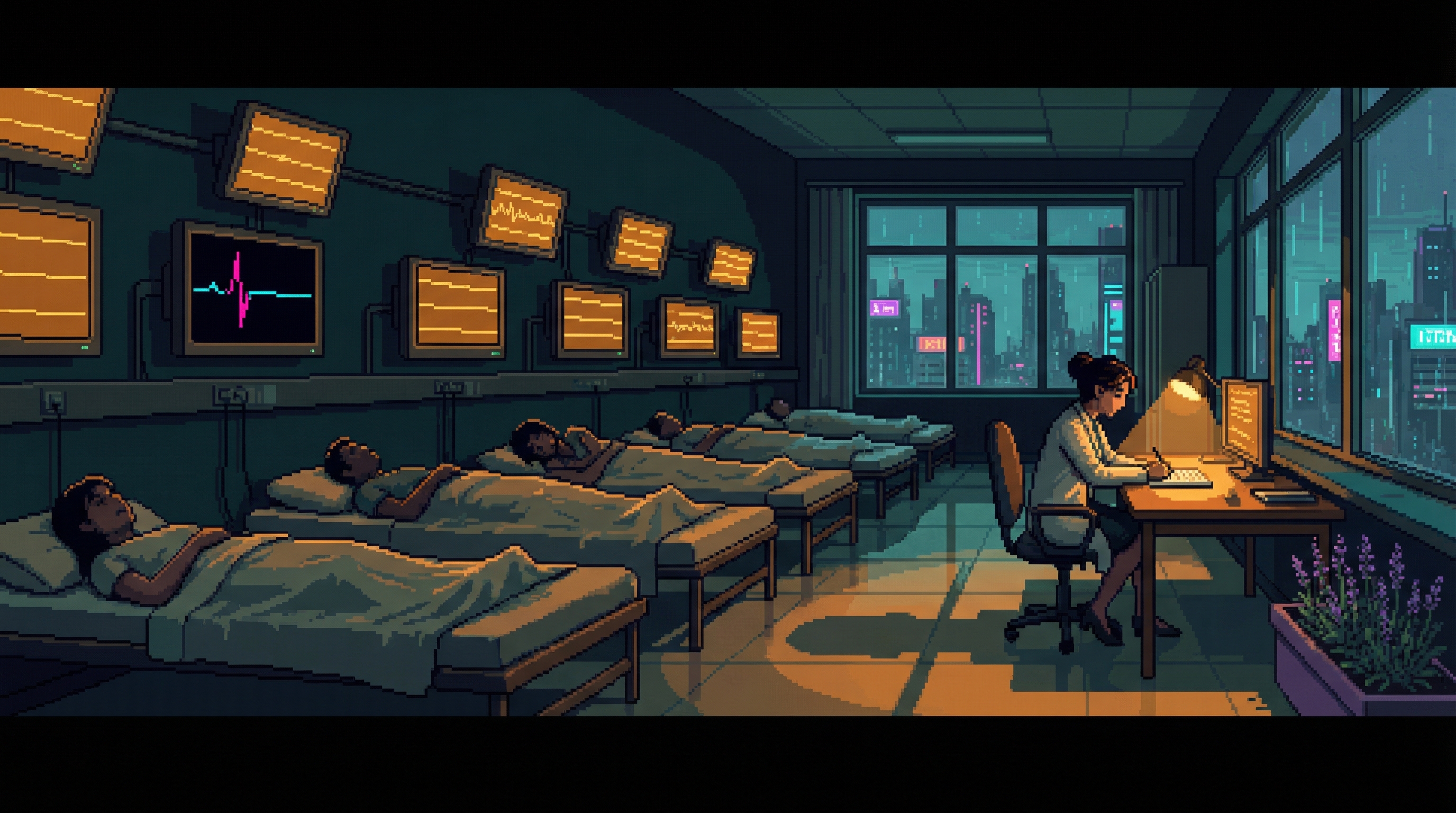 The Insomnia Ward — amber monitoring light against deep blue-charcoal walls, EEG readouts showing flatline consciousness with a single REM spike