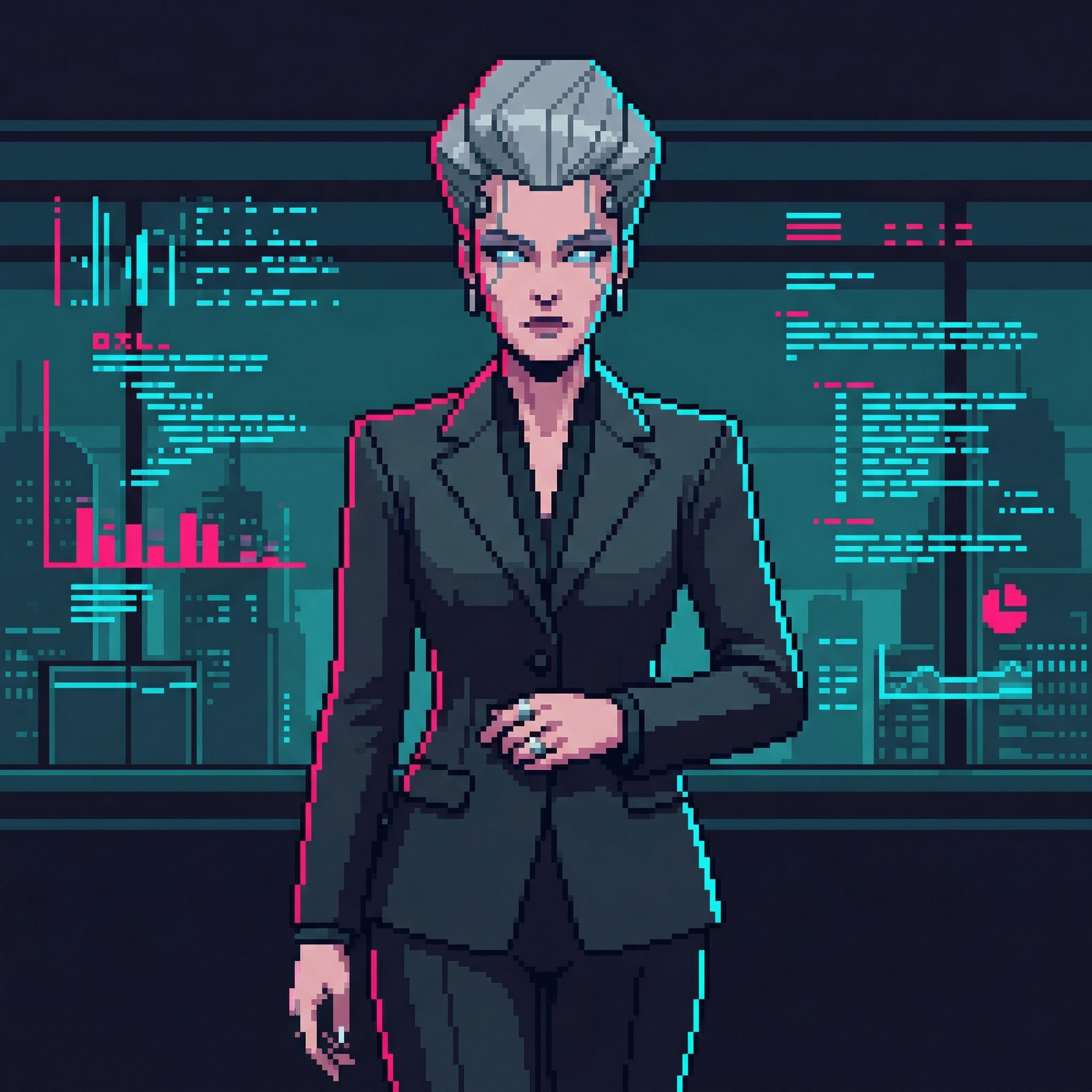 Helena Voss — silver-gray hair, glowing blue eyes, tailored charcoal suit