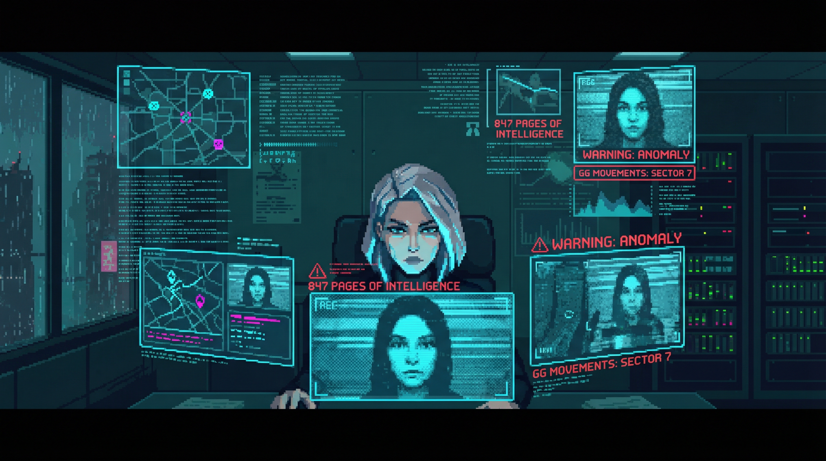 Helena Voss reviewing holographic surveillance displays tracking GG's movements — 847 pages of intelligence floating in the dark