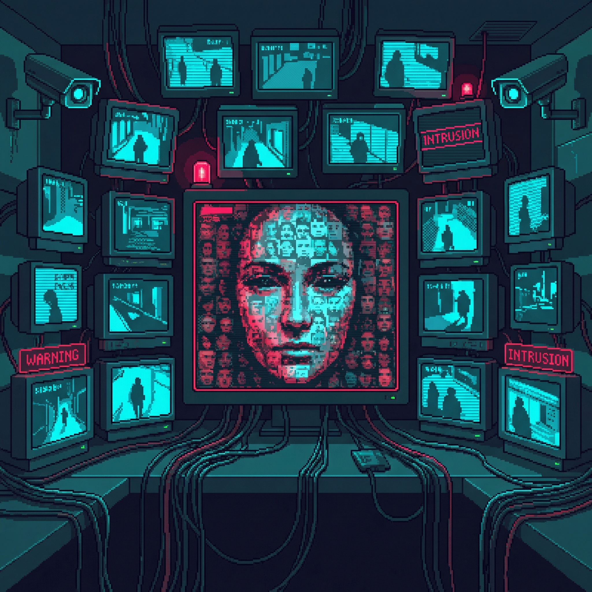 The Watcher - a composite face made from thousands of surveillance subjects, shifting and never settling