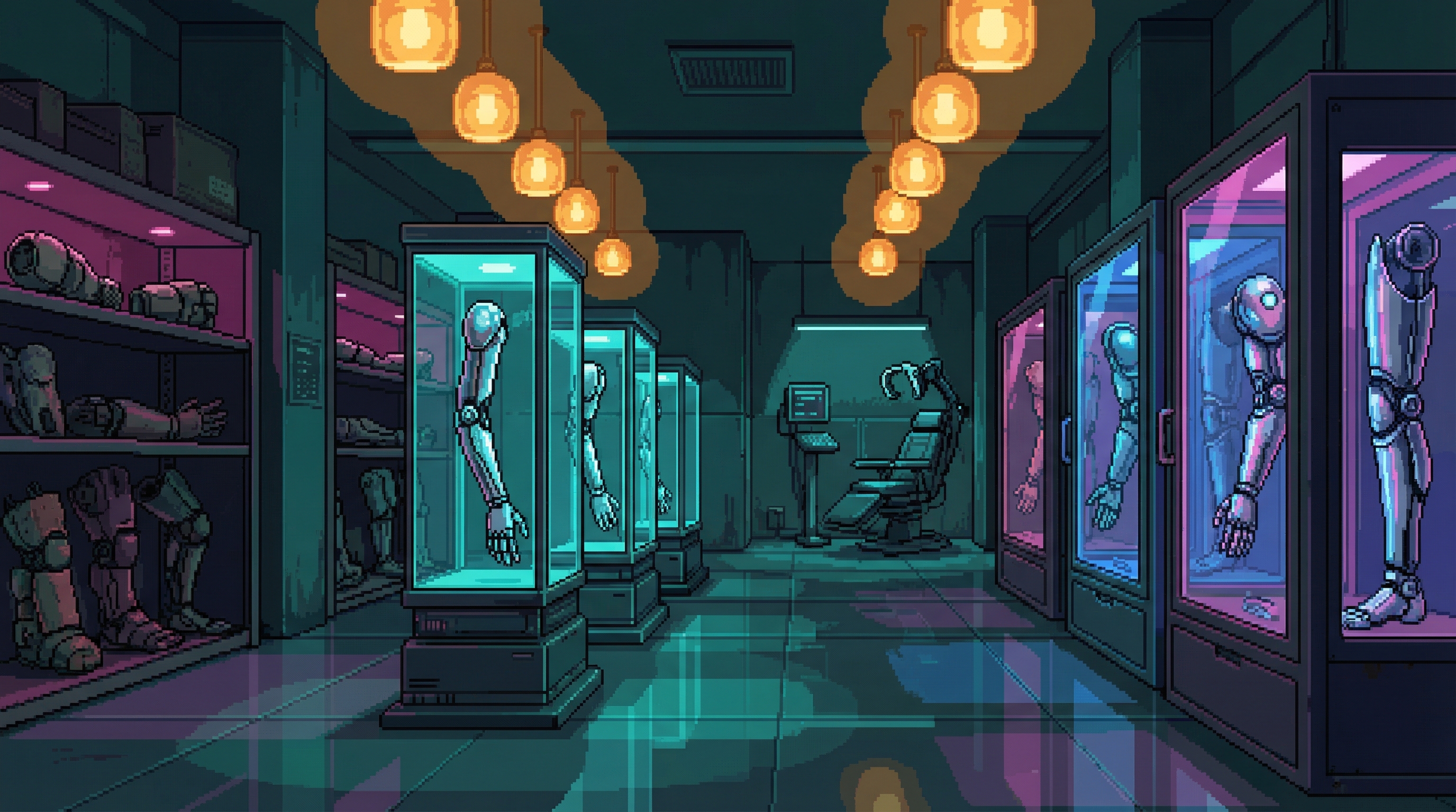 Seid's cybernetic limb showroom — glass display cases of chrome prosthetics lit by blue LEDs, warm amber ceiling lights, fitting station in the back
