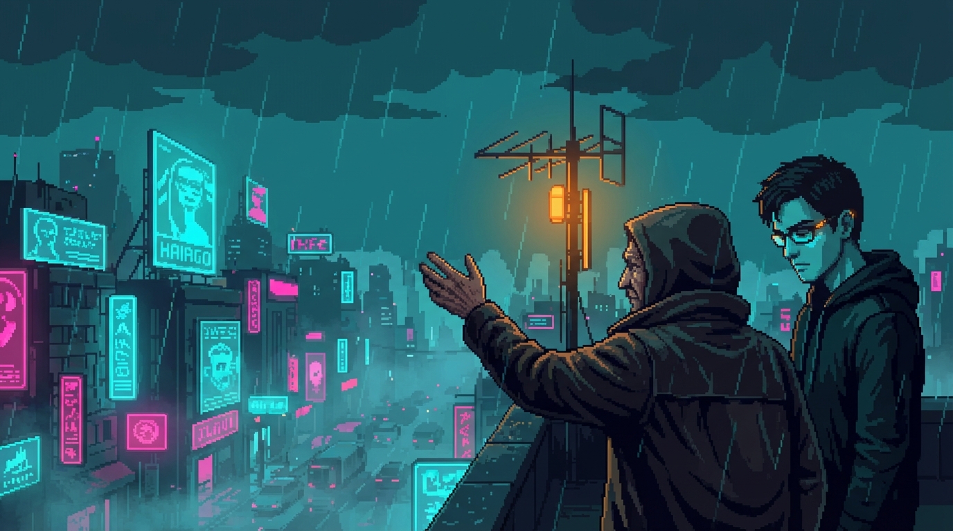 Sponge and his mentor on a rain-soaked rooftop overlooking the Sprawl