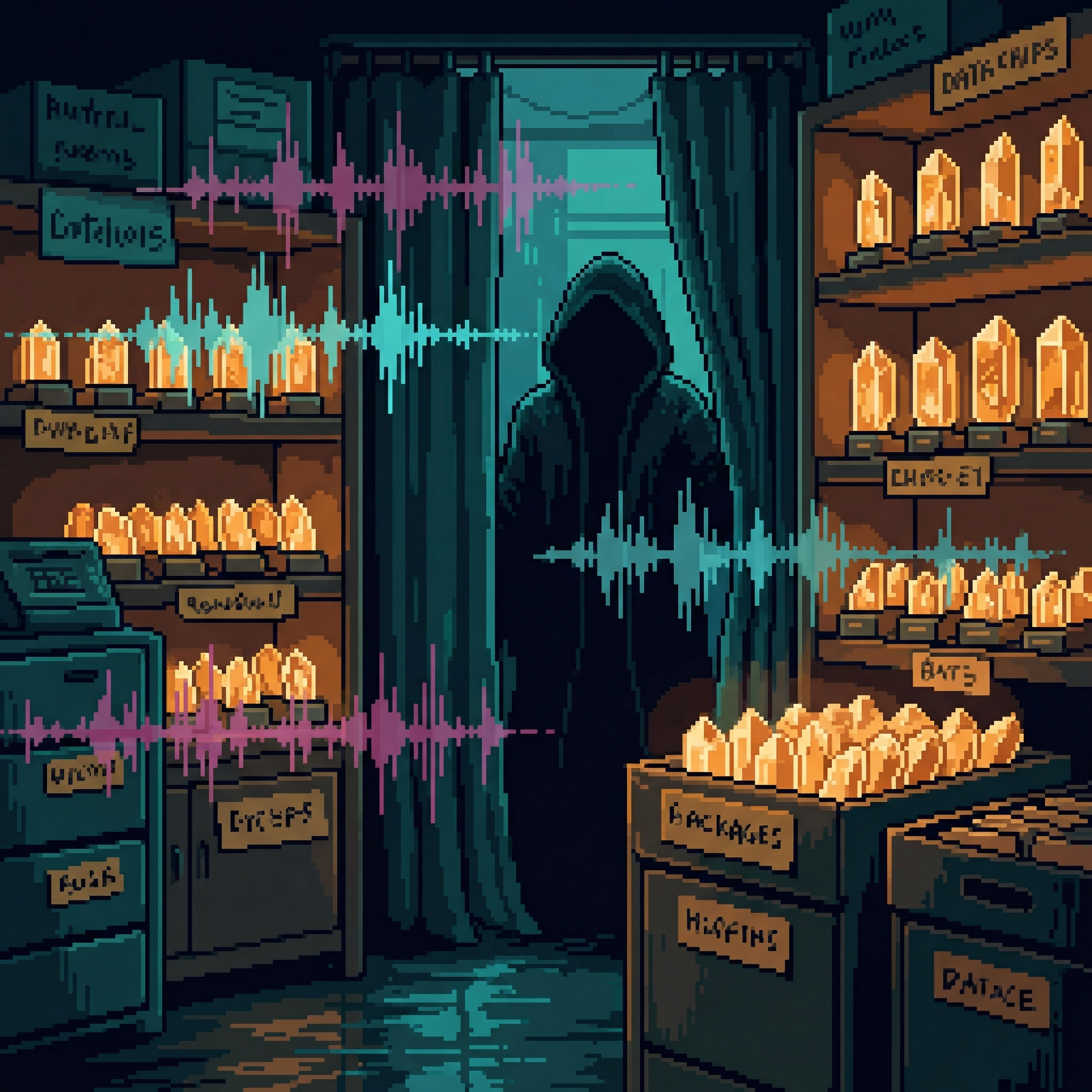 The Echo Thief - A mysterious figure in shadow within a curtained alcove, surrounded by glowing amber data chips