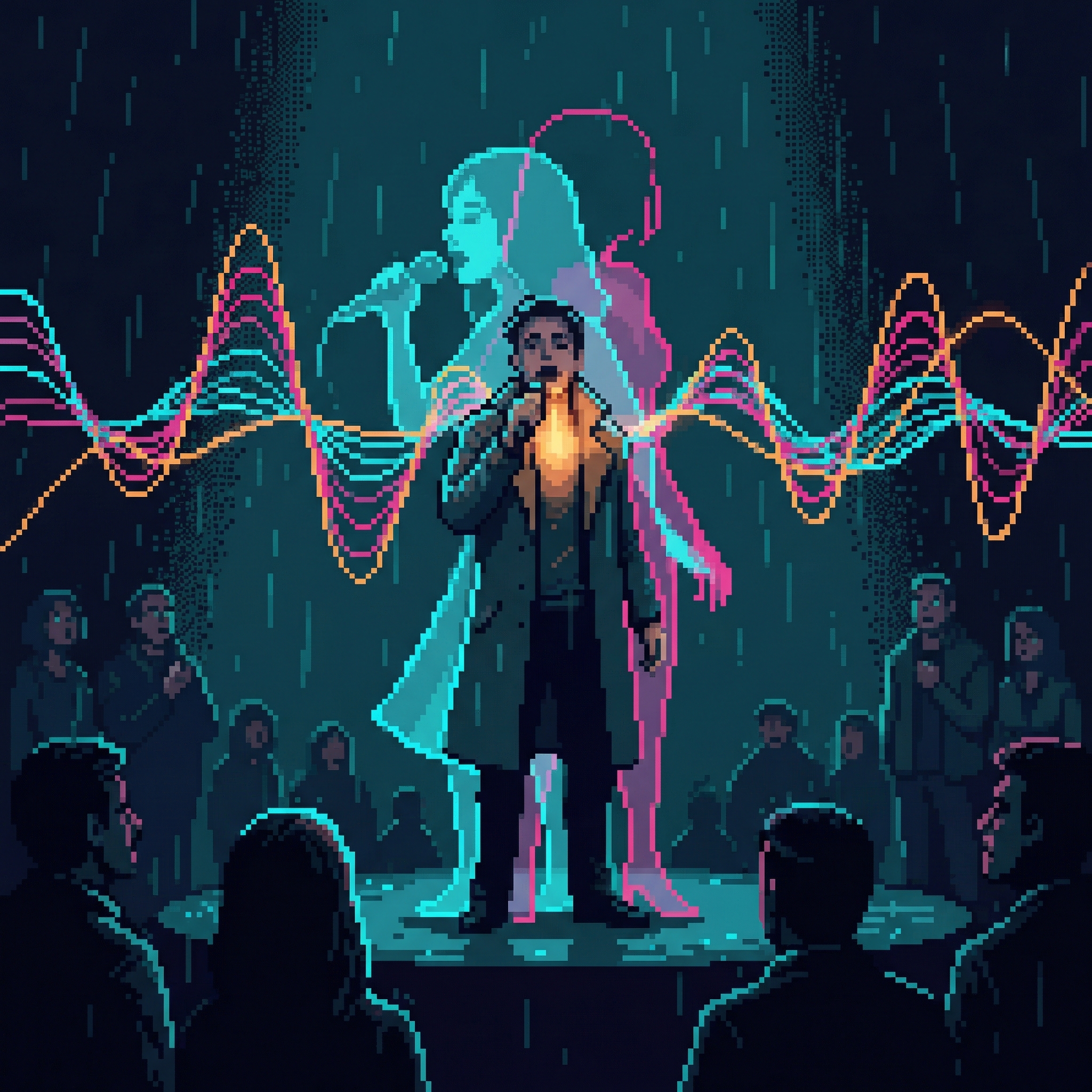 The Ghost Singer - A ghostly translucent woman's silhouette singing through a living person's body, warm amber glow from throat and chest