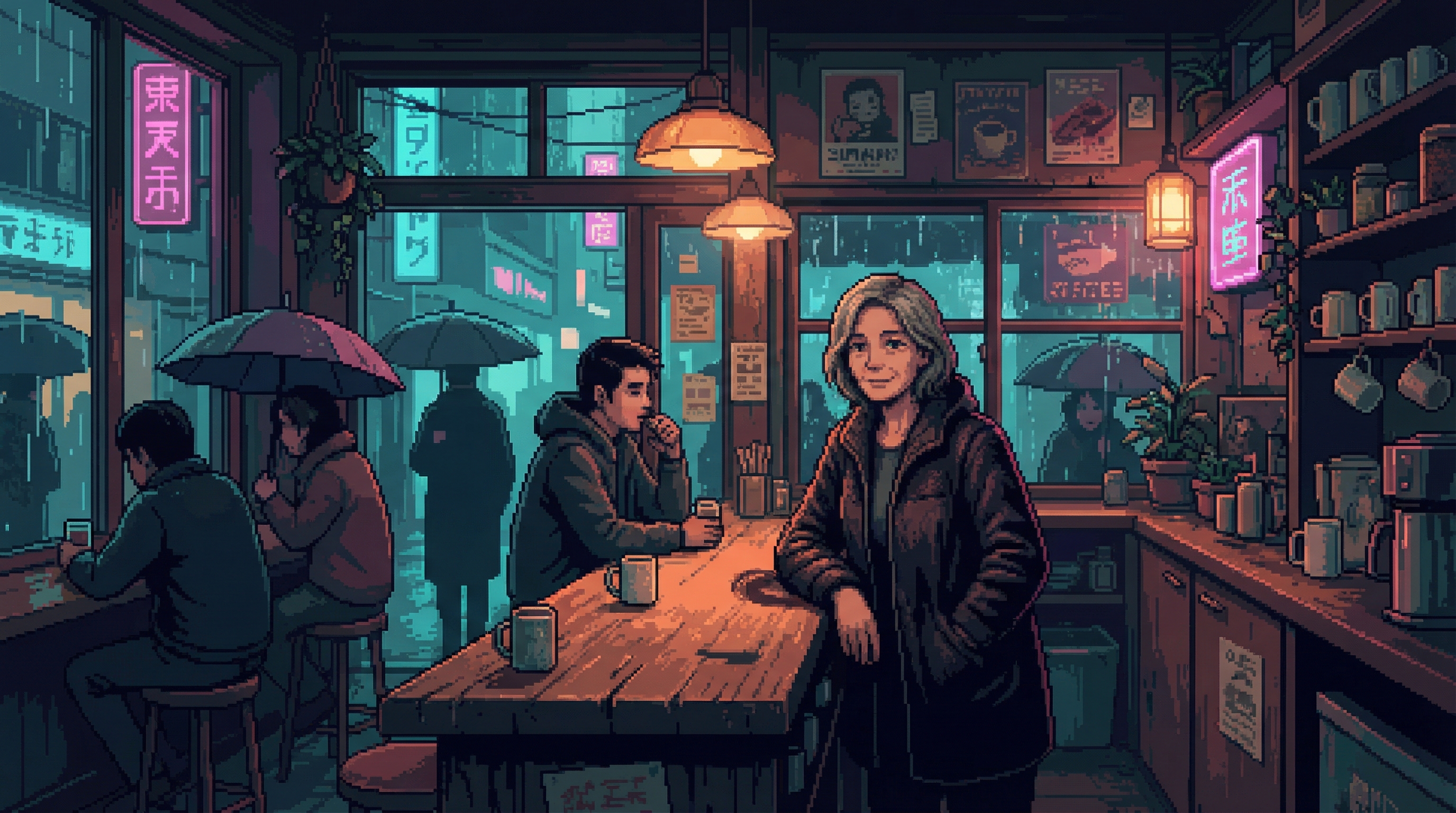 Wren Adeyemi behind the worn counter of the Small Talk Cafe, warm amber Dregs lighting