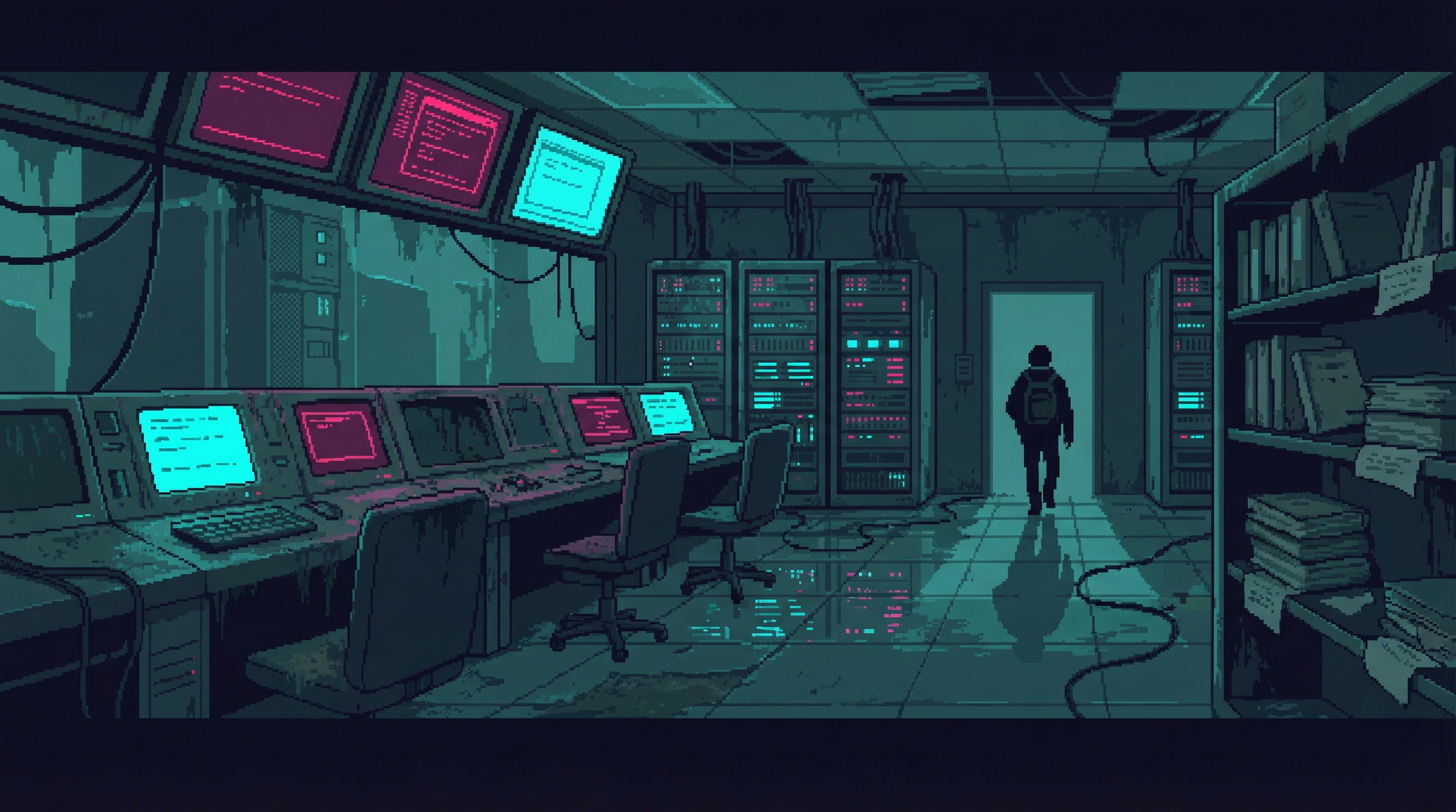 An abandoned control room with dusty screens and empty chairs, automated systems humming with nobody watching