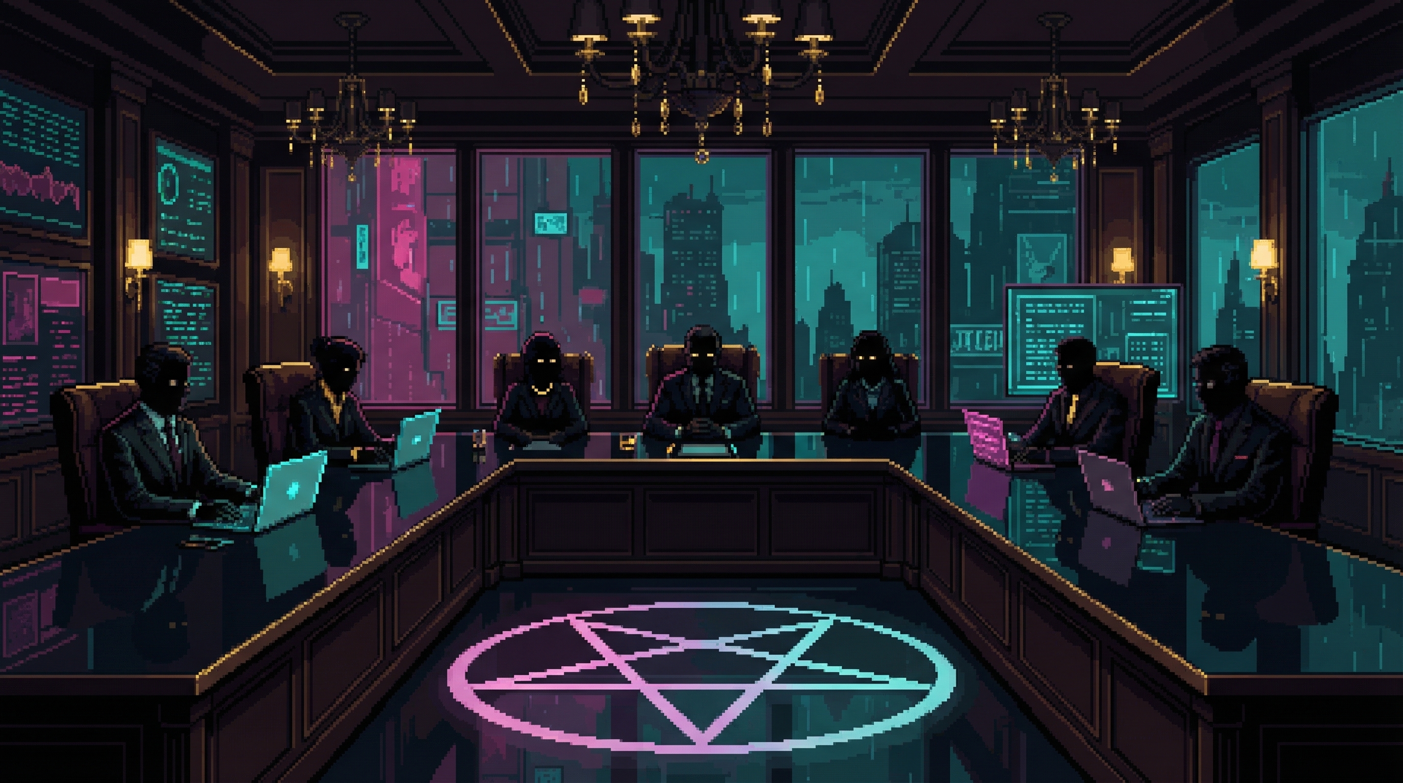 The Seven Rothwell Brothers in their darkened boardroom, illuminated by a faintly glowing seven-pointed star