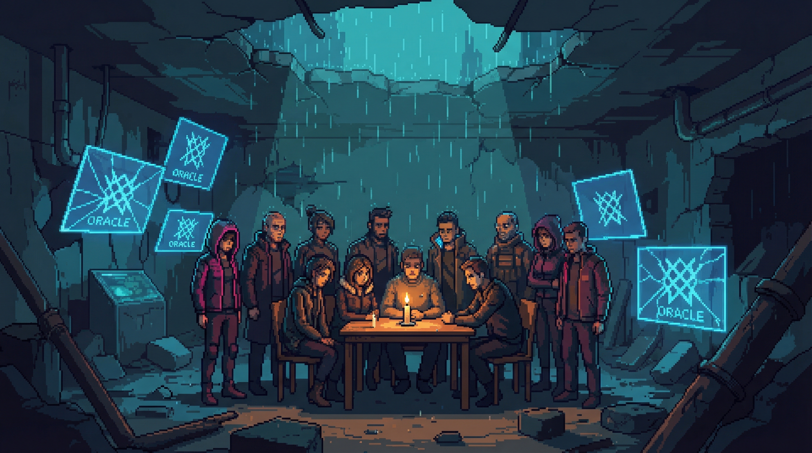 Eleven figures gathered around a candlelit table in a ruined Bangkok basement, holographic displays showing ORACLE's broken lattice symbol