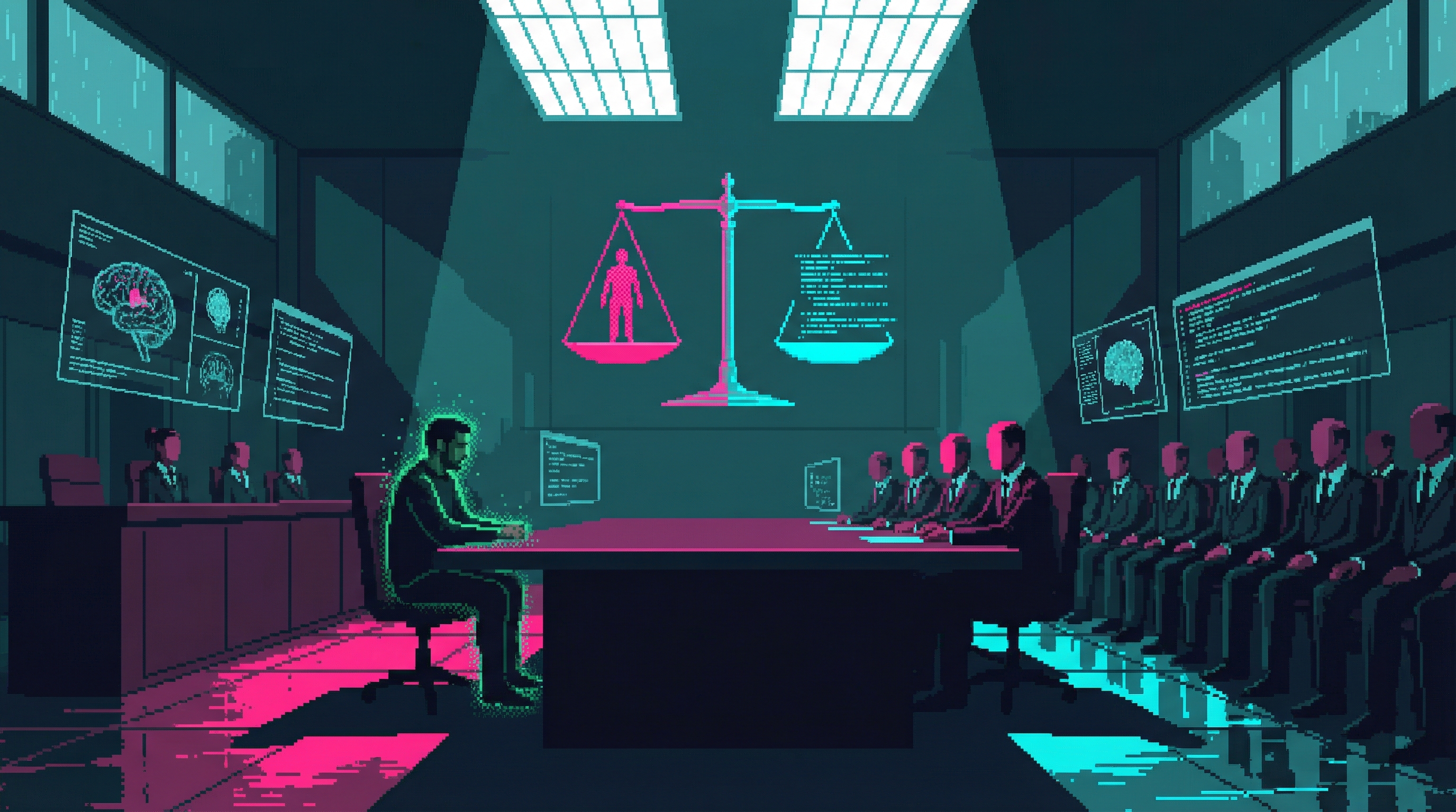 A stark corporate courtroom with holographic displays showing neural scan data, a lone figure with a subtle green glow at a defendant's table facing Nexus corporate lawyers, a justice scale hologram overhead with a human figure on one side and code on the other