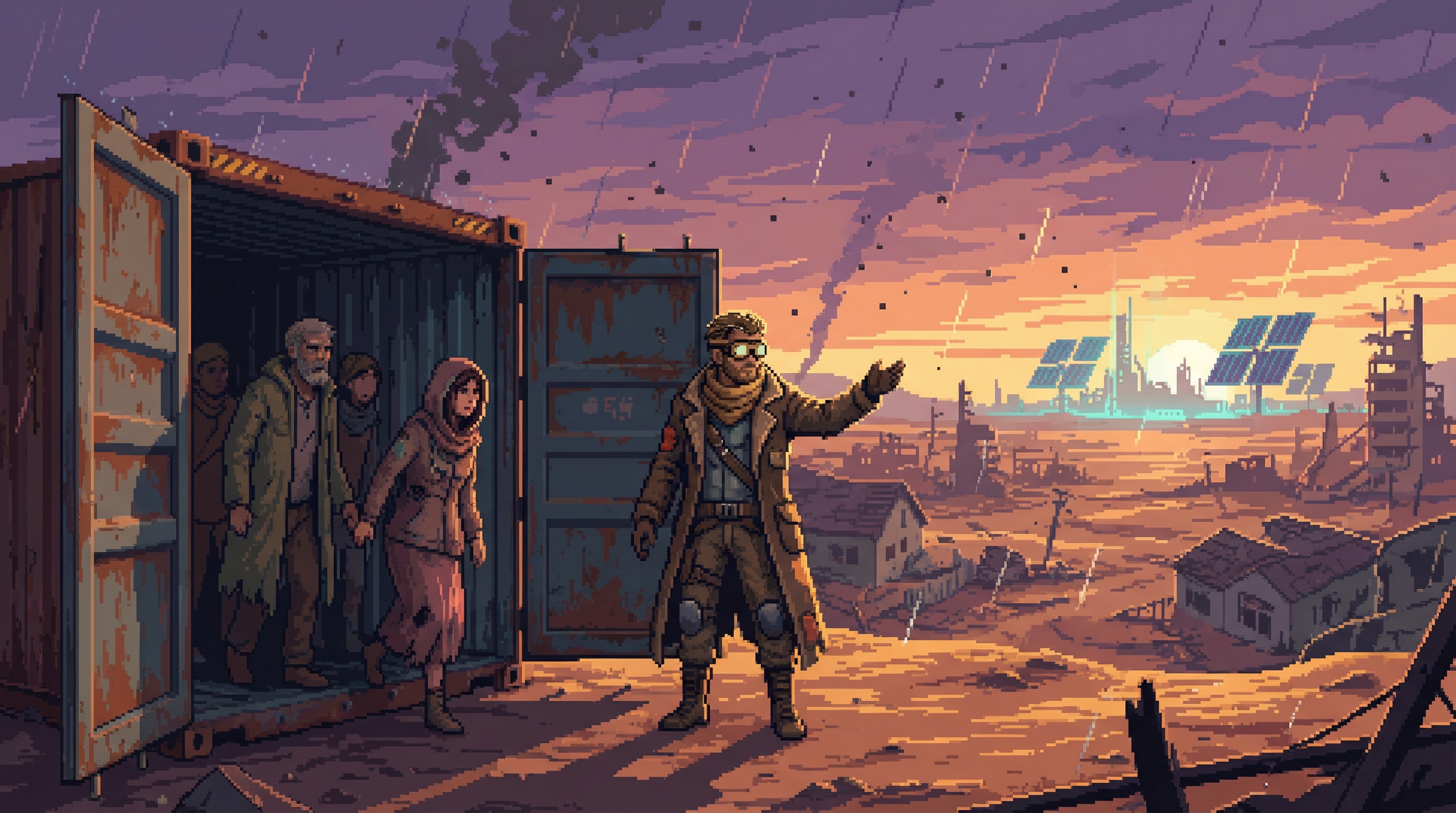 Refugees emerging from a cargo container into the Wastes at sunset, greeted by a guide with sand goggles. Dead suburbs and distant solar arrays on the horizon.