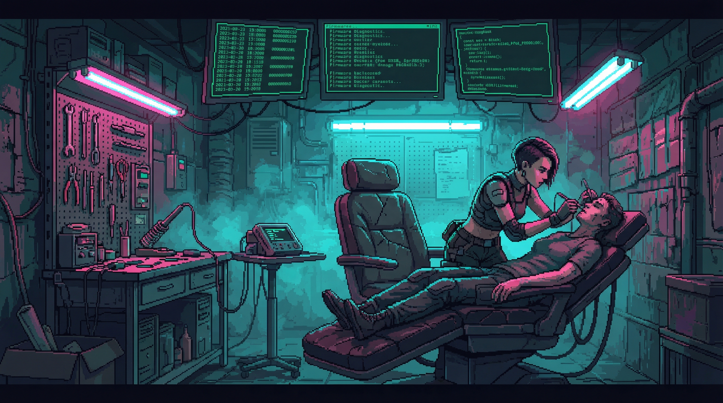 Underground firmware-flashing clinic in Sector 7G: a repurposed dental chair under fluorescent lights, monitors showing cascading firmware diagnostics, a Flasher working on a client's neural port