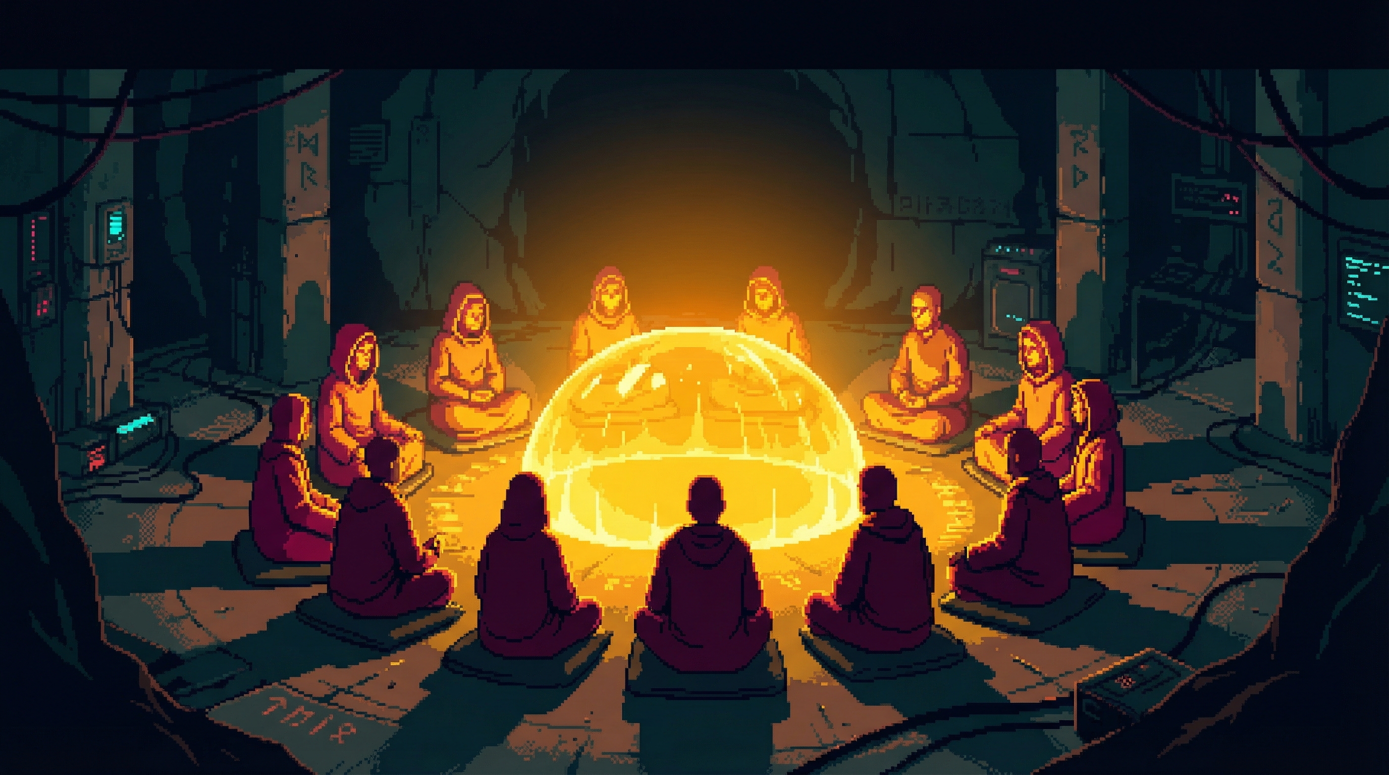 A sealed underground room lit by the amber glow of an ORACLE fragment at center, twelve figures seated in a circle with eyes closed