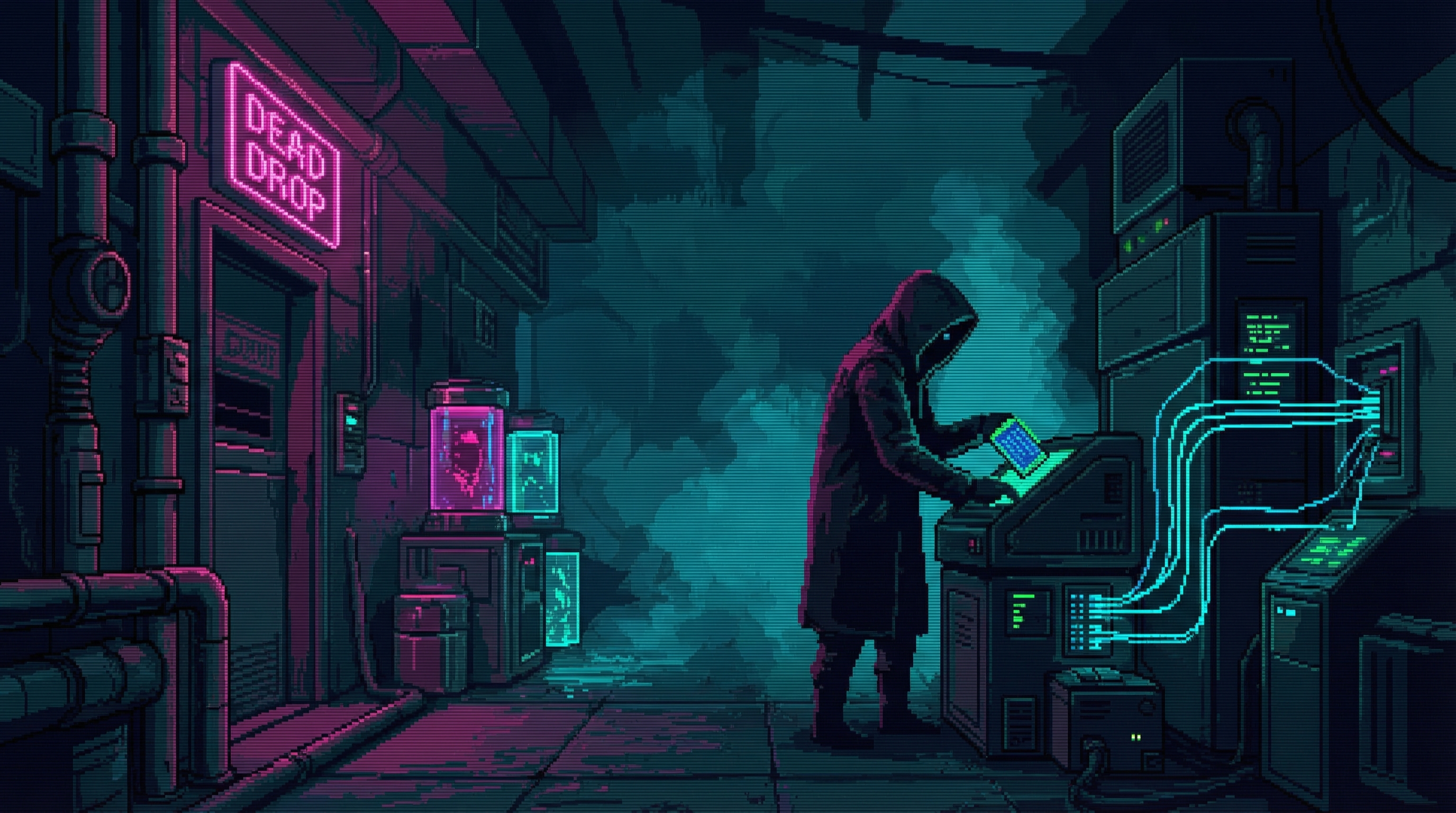 The Ferrymen — shadowy operators exchanging glowing data chips in a dark maintenance corridor