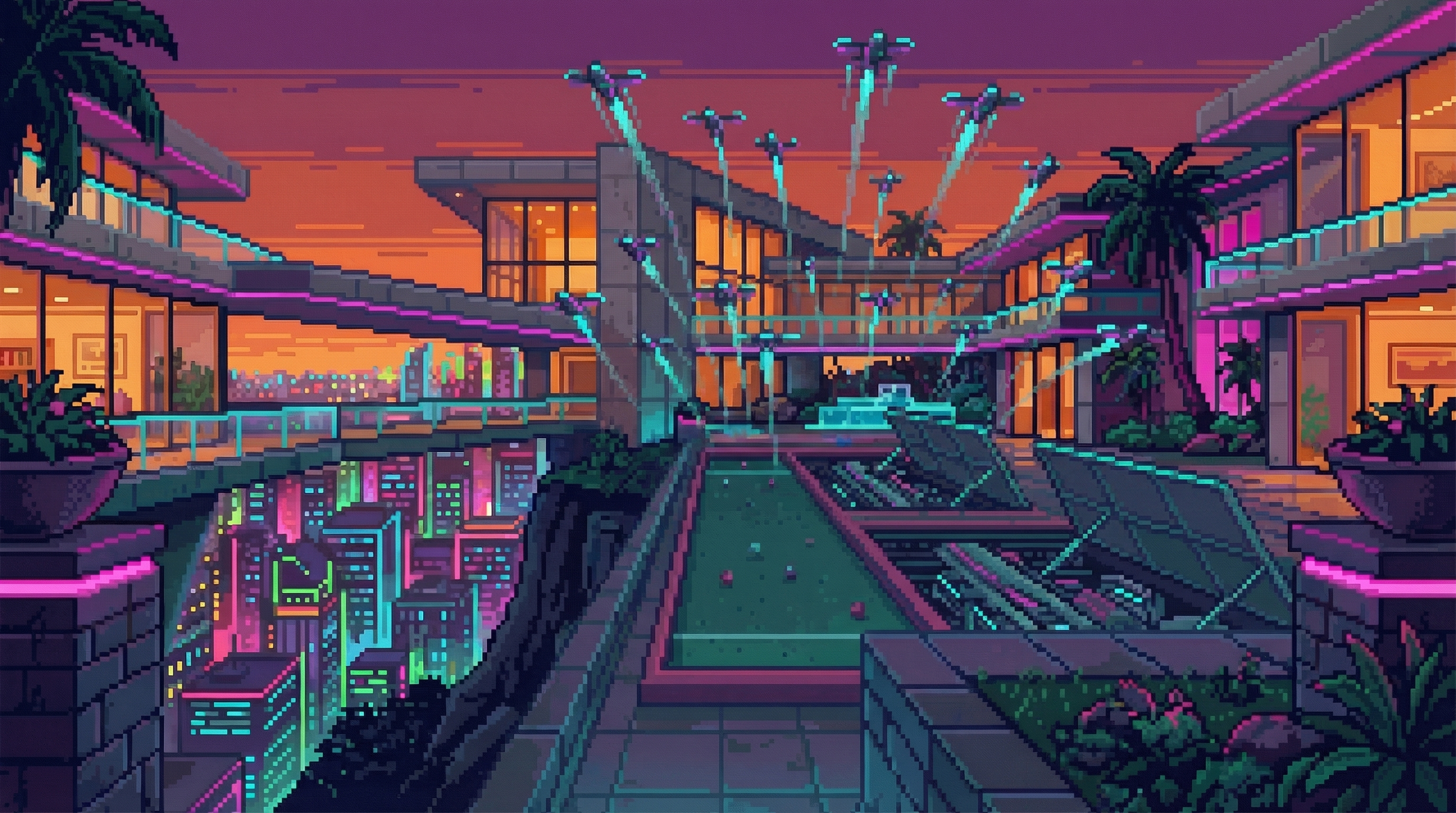 Drone swarm launching from converted bocce courts at dusk