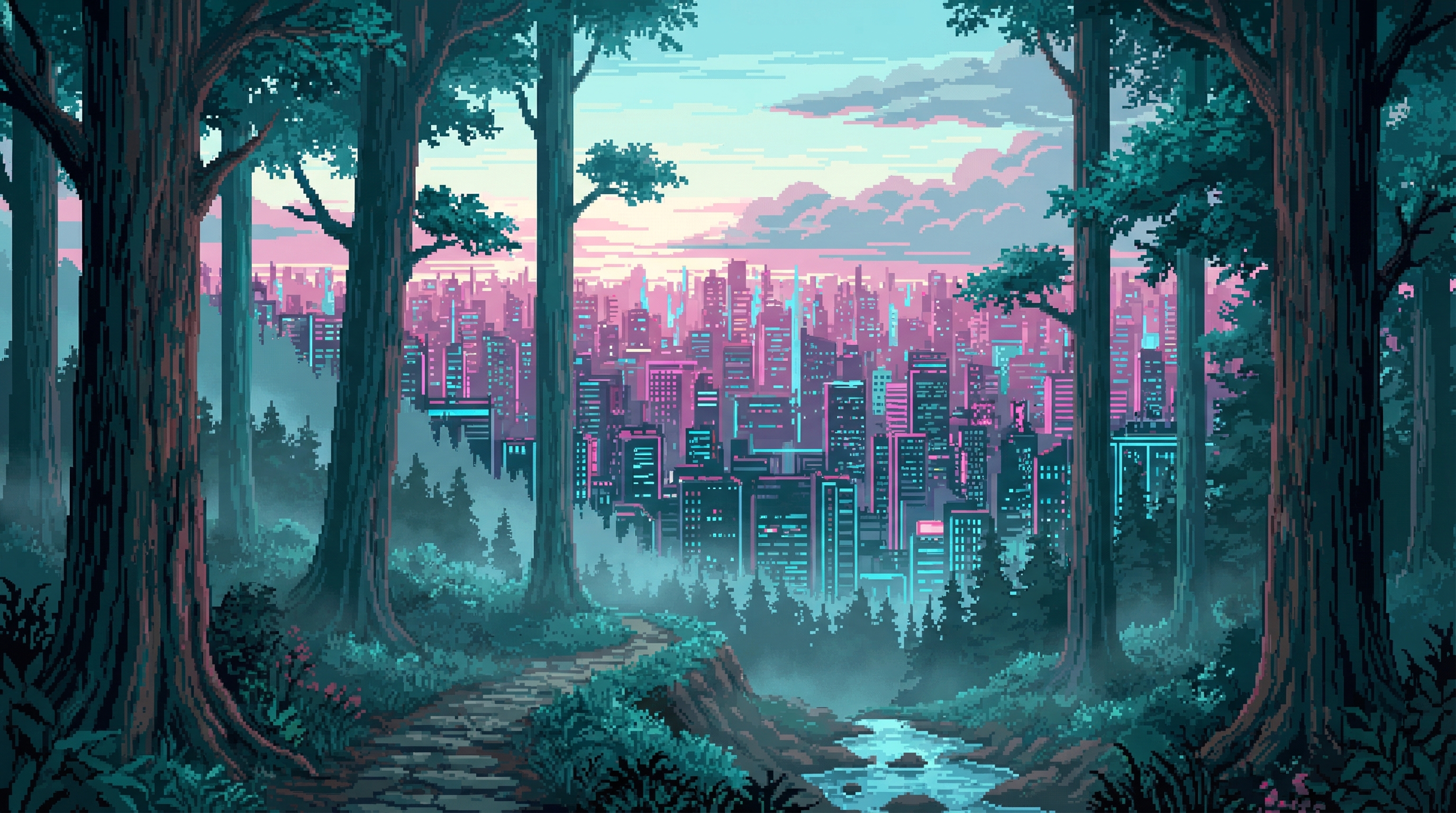 Panoramic view from the mountain trail — ancient redwoods frame the endless neon sprawl below, where nature ends and the city begins