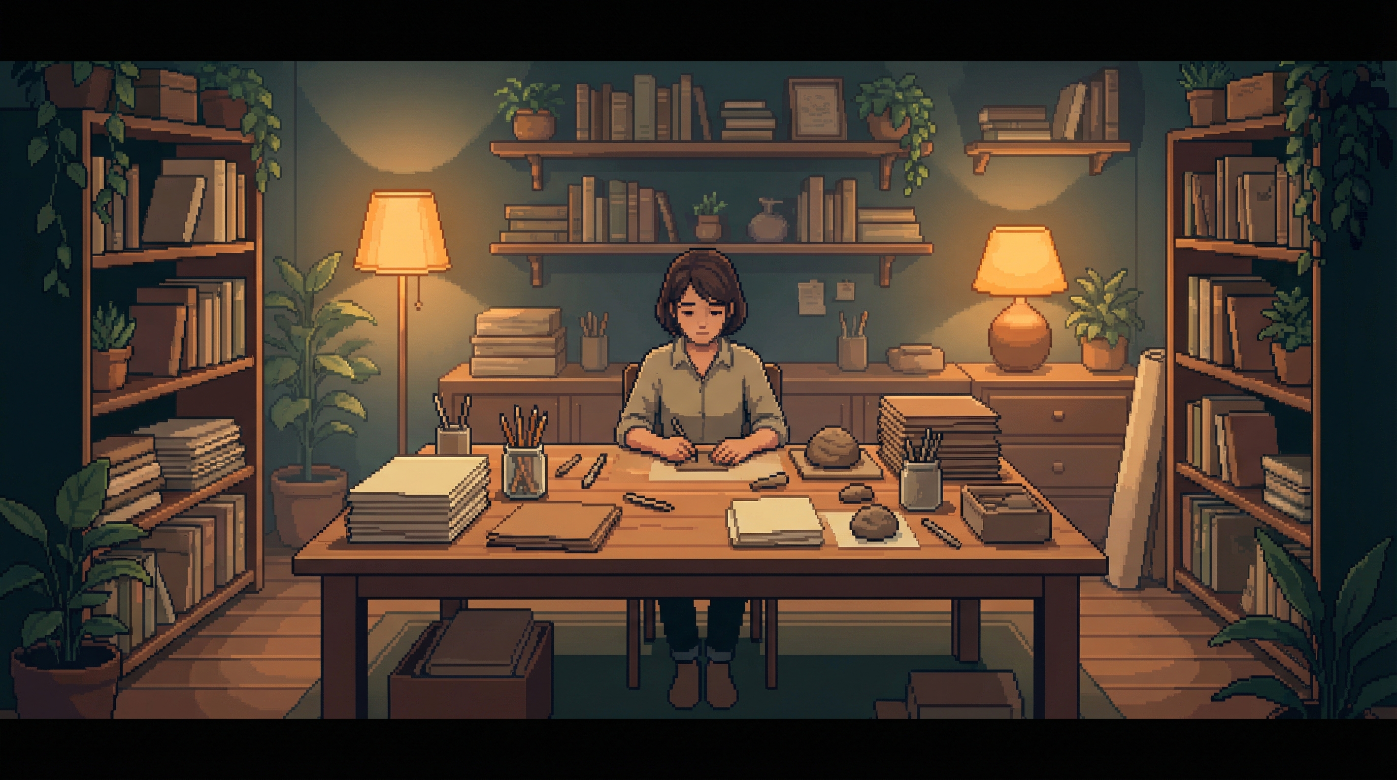 The Purpose Wards — a warm interior with wooden furniture, craft materials, and table lamps casting pools of amber light