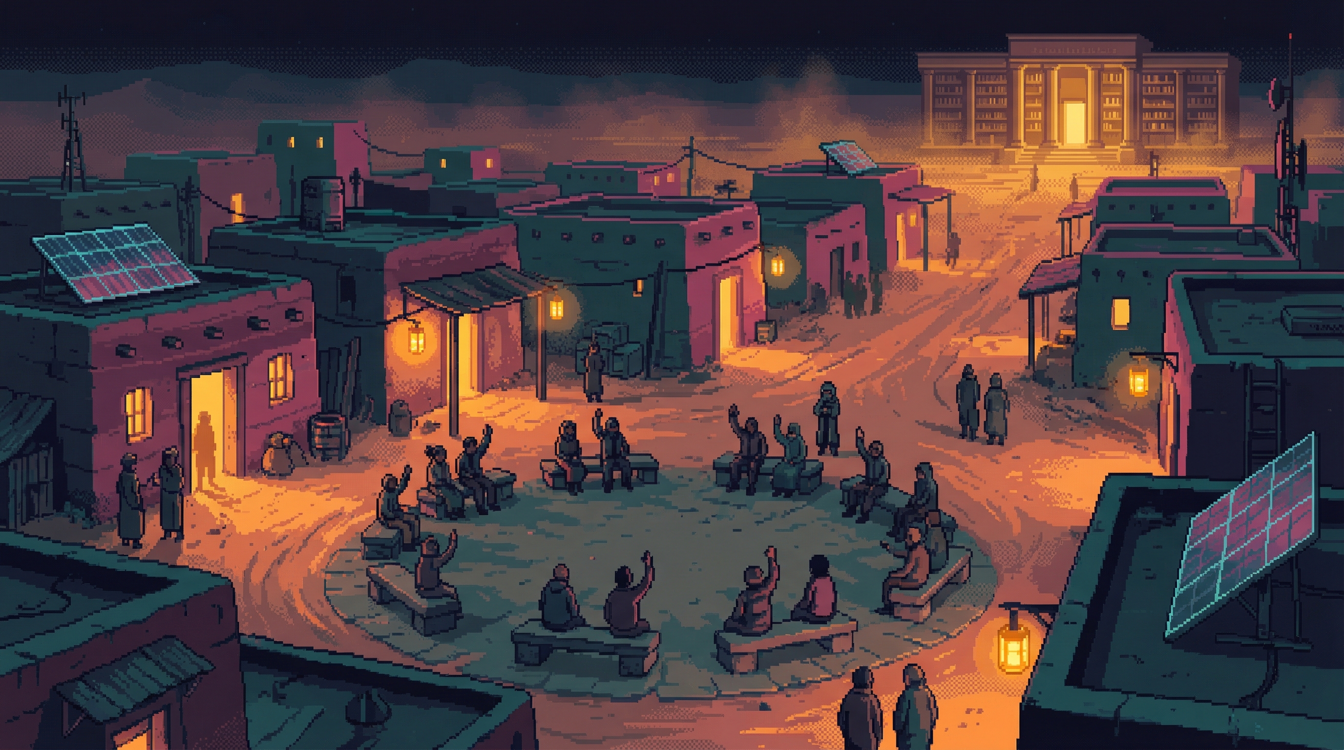 Citizens of Zephyria gathered in a circle court under lantern light, debating and voting in the shadow of the Archive