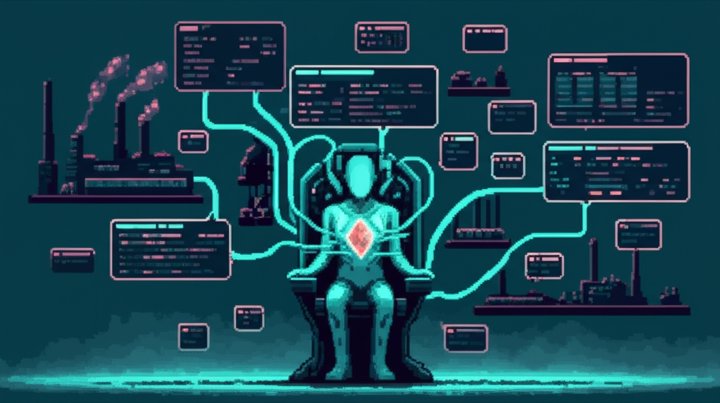 Figure in neural interface chair with consciousness threads extending to operations, transitioning between states