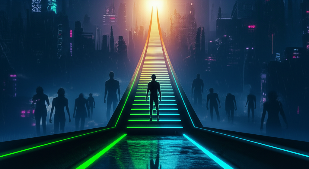 A figure standing at a crossroads between paths of increasing power, each path leaving something behind