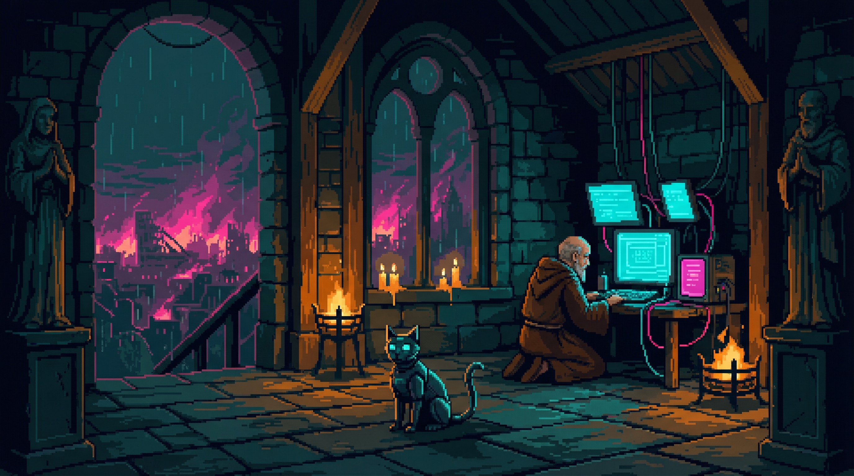 Kaiser the robotic cat in Mystery Court monastery during the Cascade, surrounded by emergency upload equipment