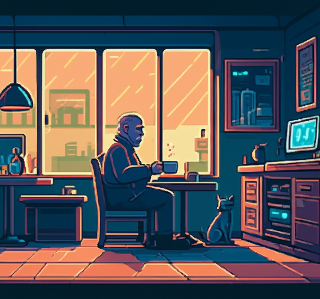 El Money sits contemplatively in his cafe at dawn, forever changed