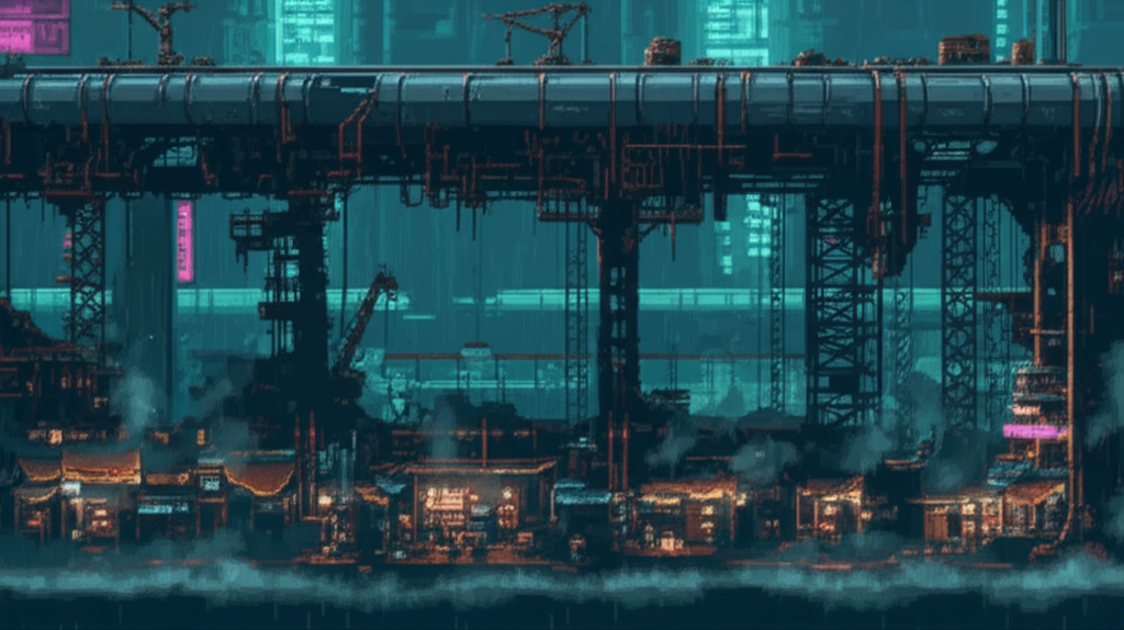 The Grand Connector transit tube extending into empty air, construction frozen mid-project, scavenger market below