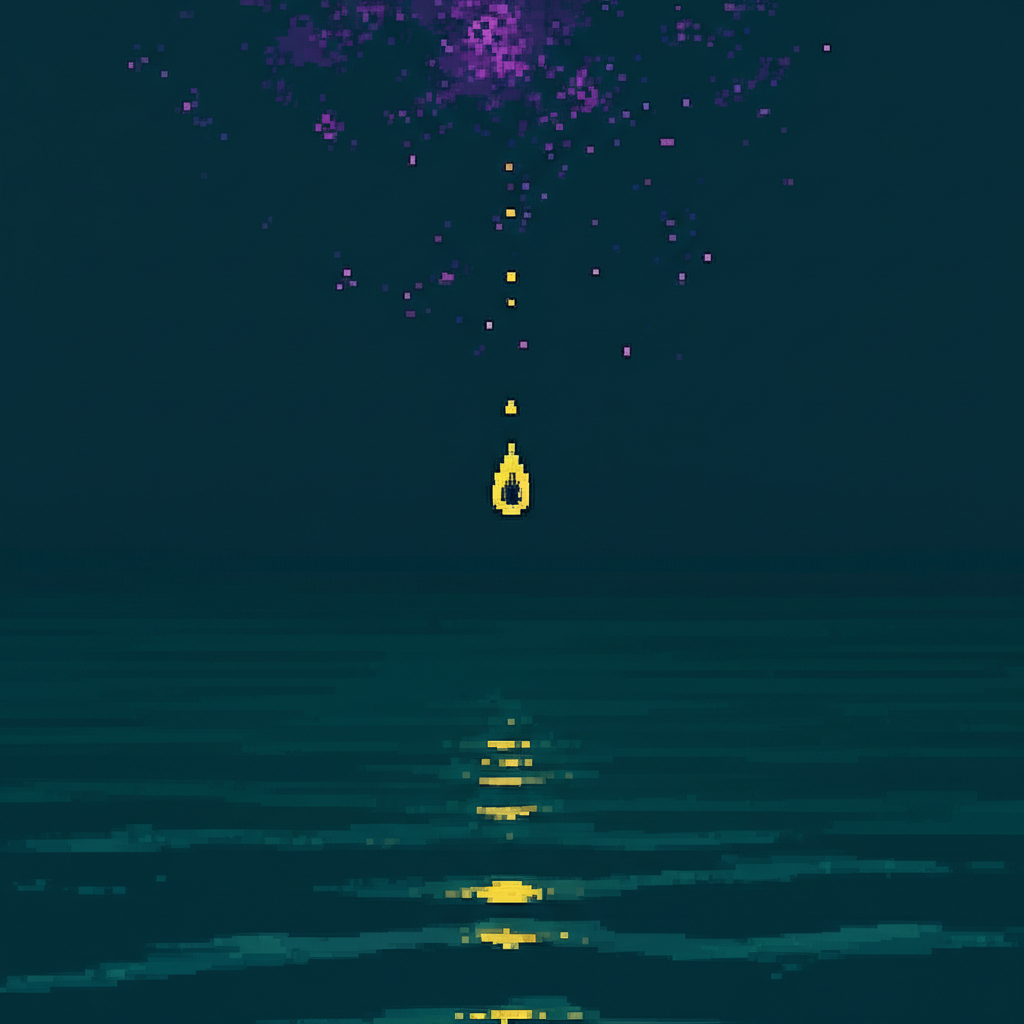 A golden drop of water falling toward a vast dark ocean beneath a starlit sky