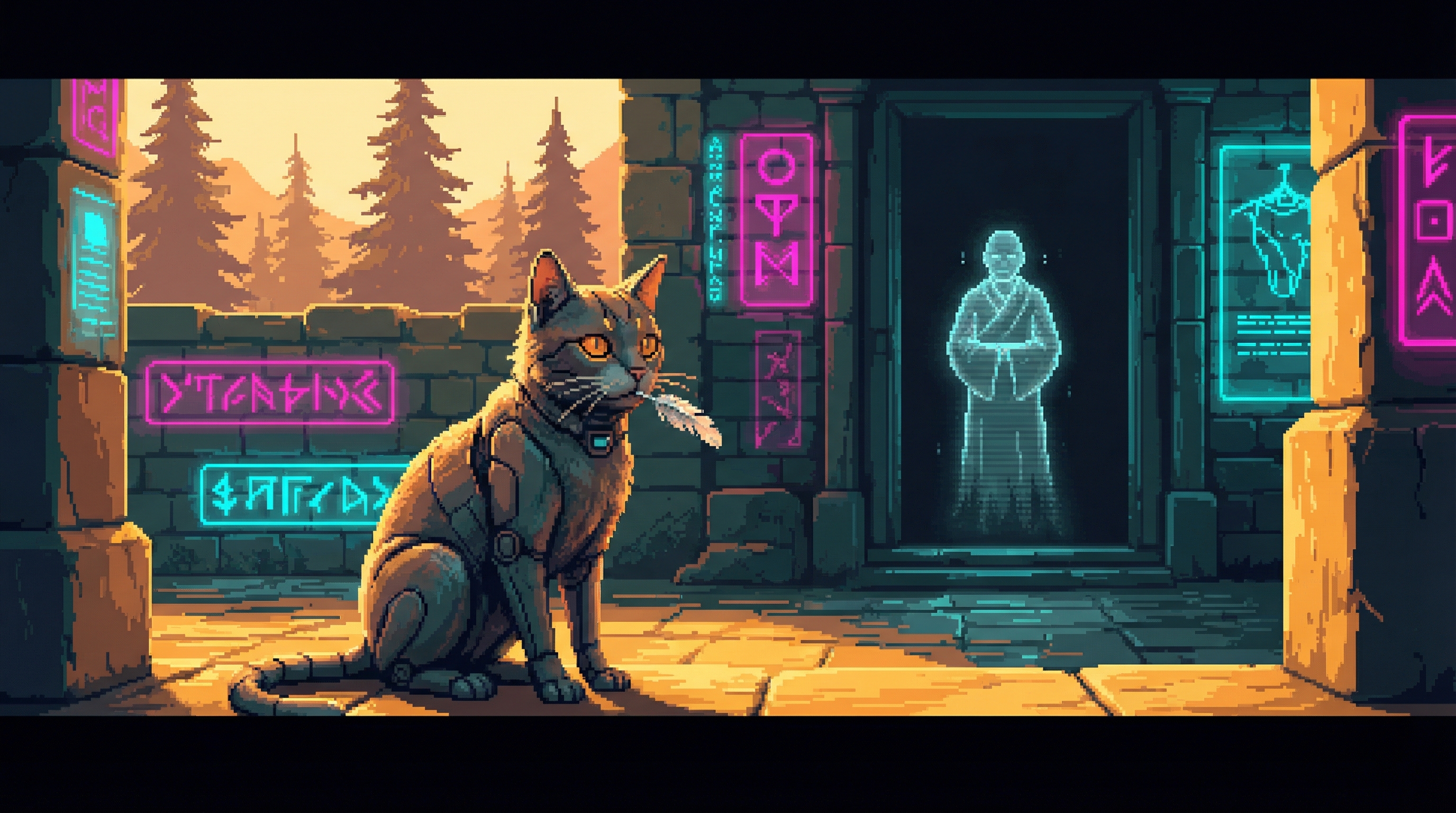 Kaiser the robotic cat sits in warm sunlight on monastery stones, a feather in her mouth, while The Keeper's faint holographic shimmer watches from the doorway he cannot cross