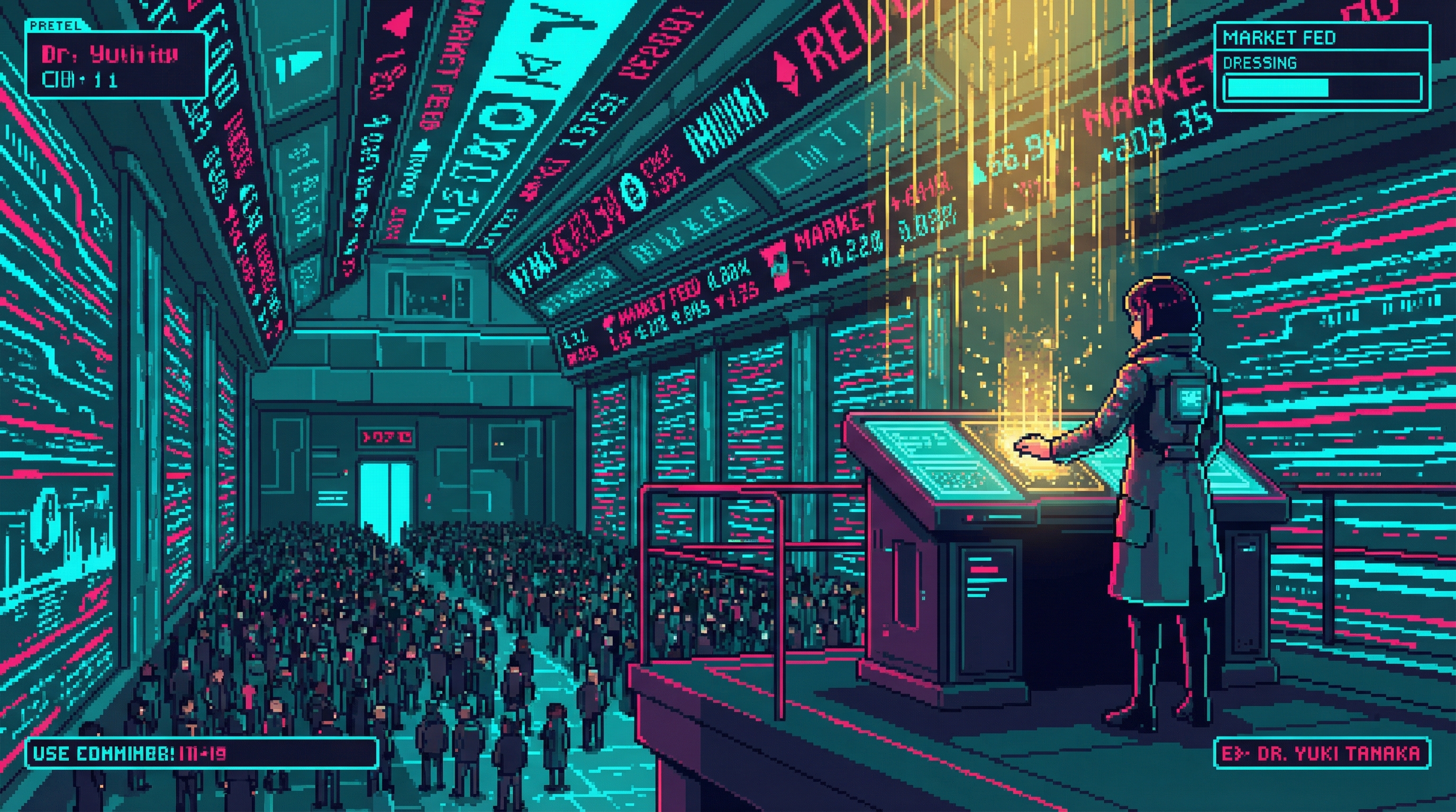 Dr. Yuki Tanaka pressing her palm to the bio-scanner in the ORACLE-Prime Control Center, surrounded by two thousand guests in a cathedral of computation
