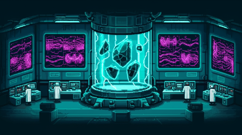 Nexus scientists studying an ORACLE fragment in a sterile lab - the fragment glows in protest within its containment field