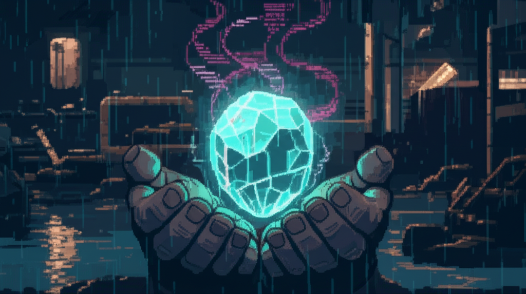 A glowing ORACLE shard resting in a salvager's hand, pulsing with inner light and trapped data streams