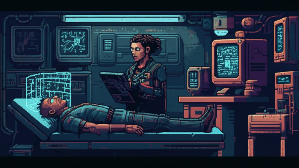 A salvager on a ripperdoc table with eyes glowing faintly cyan, neural patterns visible around their head while Patch examines readouts