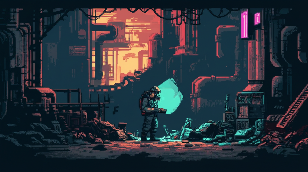 A lone salvager picking through industrial ruins in Sector 7G at dawn, wearing weathered gear and filtration mask, scanning through debris