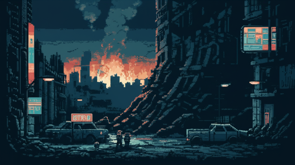 Post-apocalyptic city aftermath with collapsed buildings and survivors picking through wreckage