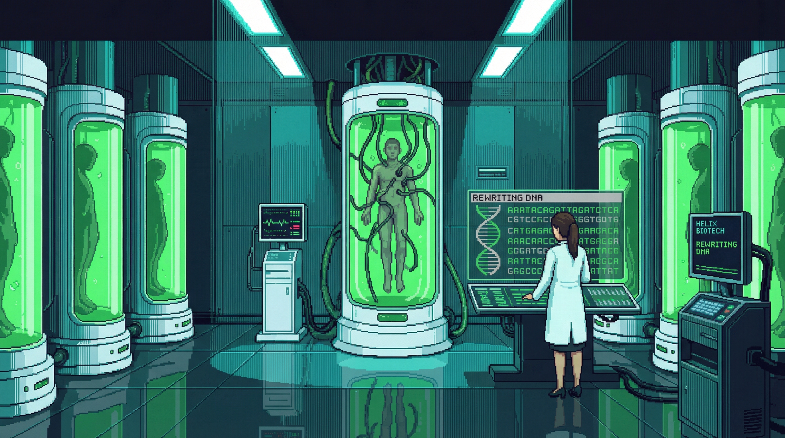A sterile Helix Biotech laboratory with bio-enhancement pods glowing with green bioluminescent fluid, a scientist monitoring holographic DNA sequences