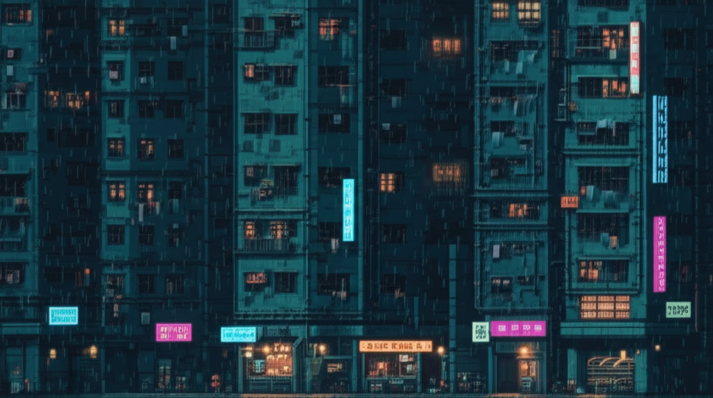 Habitation zone with dense apartment towers and neon signs