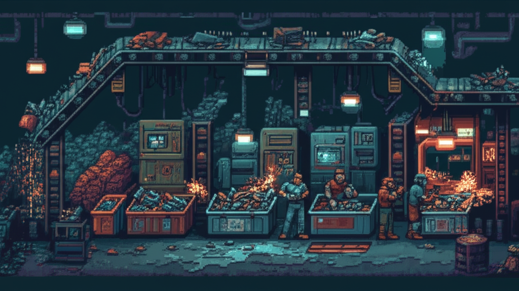 Workers at a salvage processing facility sorting scrap metal with sparks flying from cutting operations