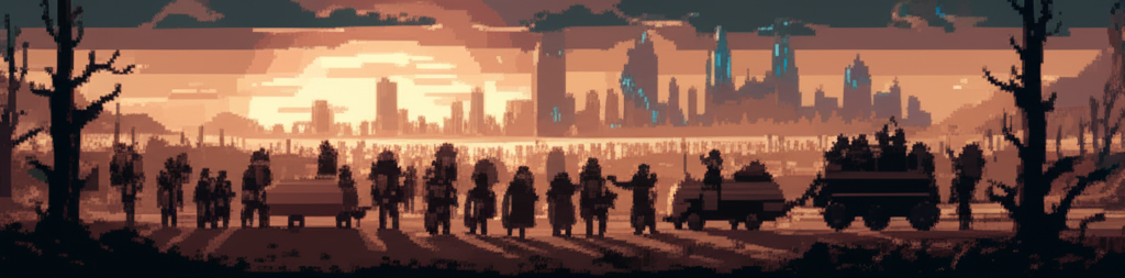 Thousands of refugees walking across wasteland toward distant cyberpunk city skyline