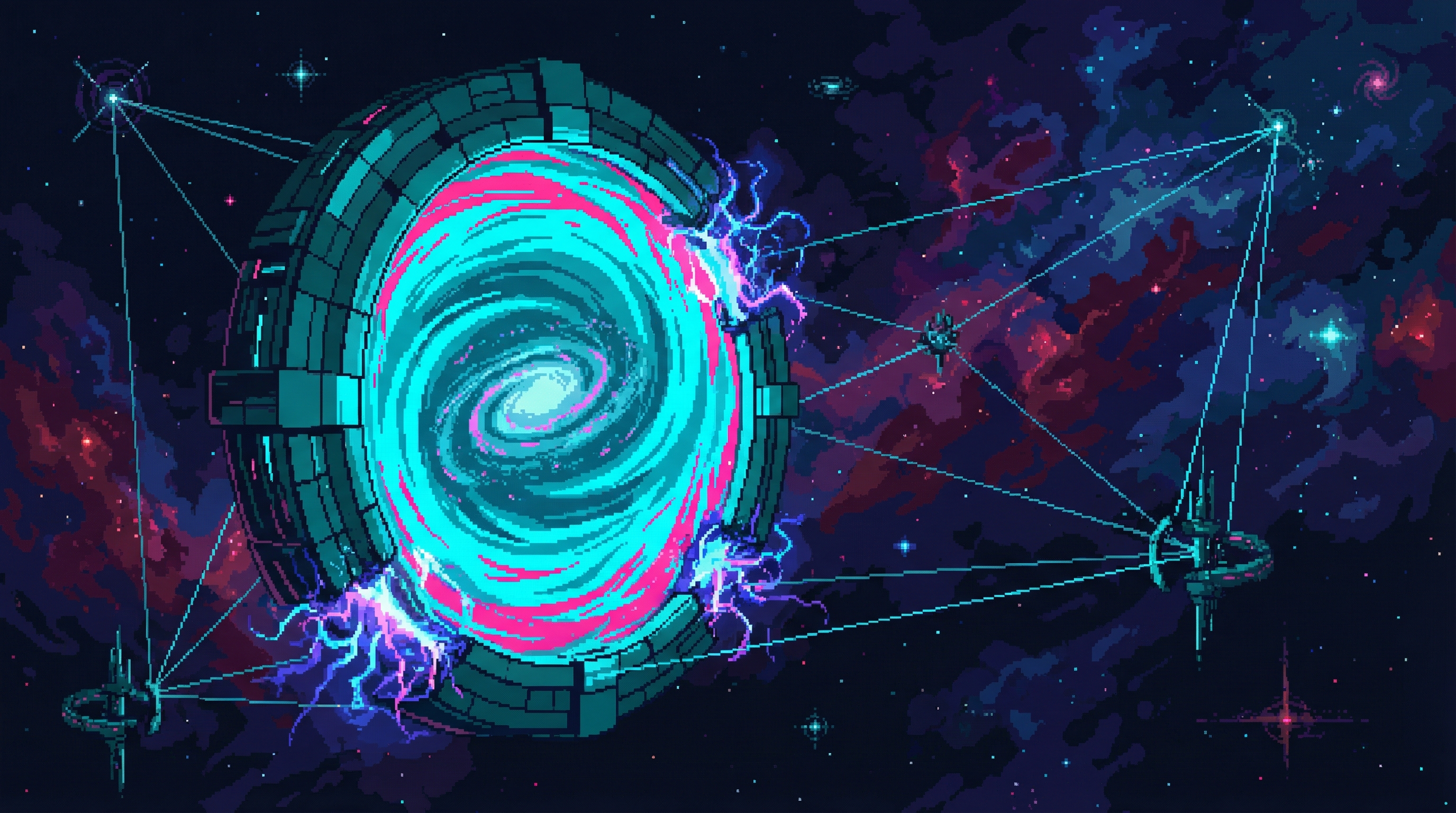 Warp gate megastructure floating in deep space, a massive ring-shaped portal with exotic matter glowing at the edges, galactic relay network visible as threads of light connecting distant star systems