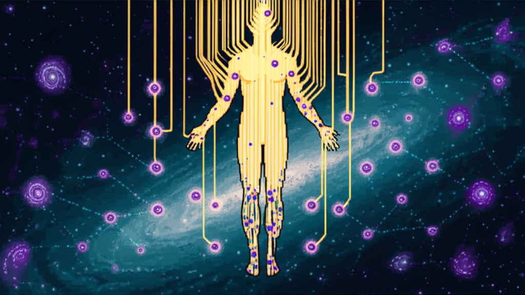 A human silhouette dissolving into streams of golden light connecting to thousands of nodes across a galactic backdrop, consciousness spreading across the cosmos
