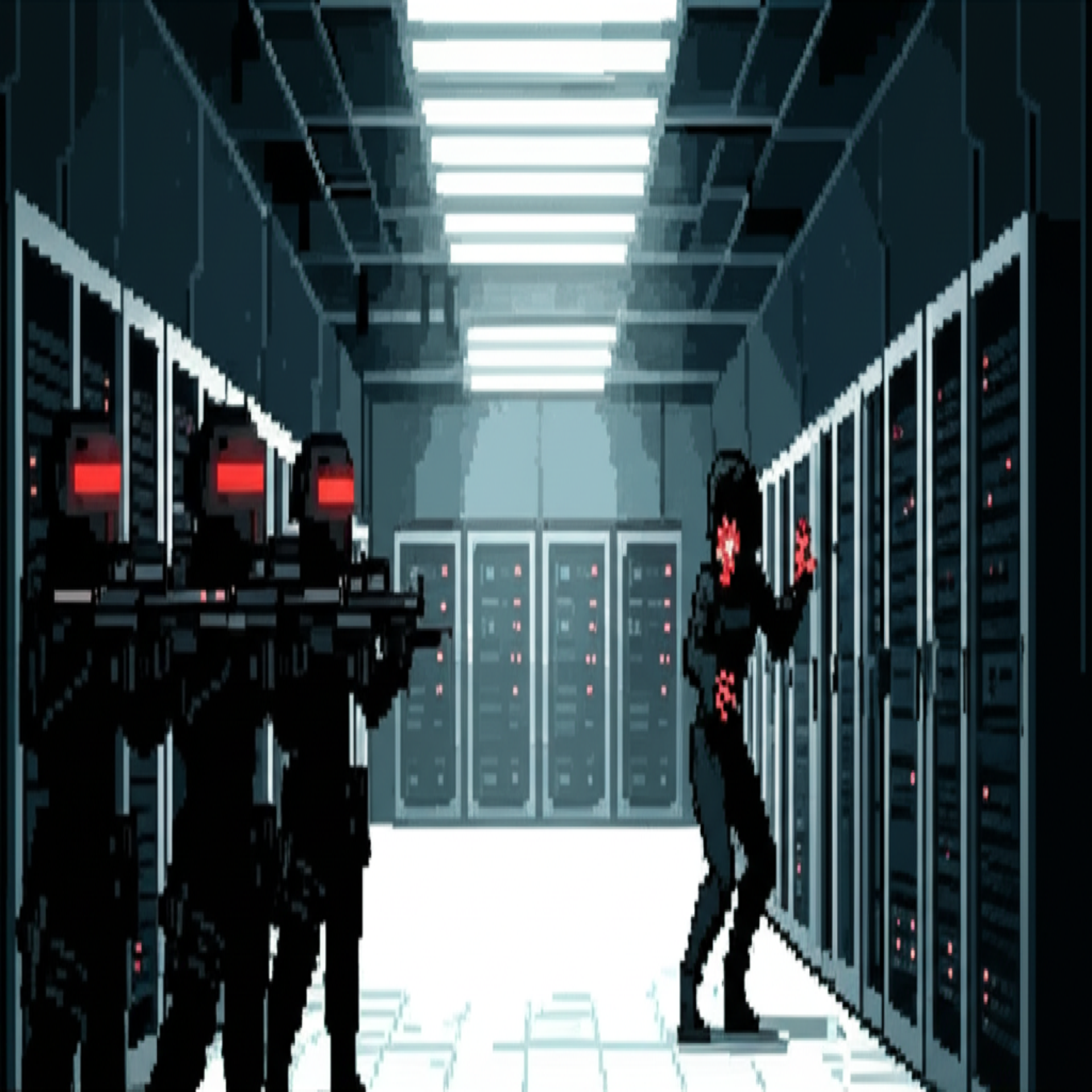 Four figures in black tactical gear stand at the server room entrance, weapons raised, as GG faces them mid-turn, her hand already moving toward her claws