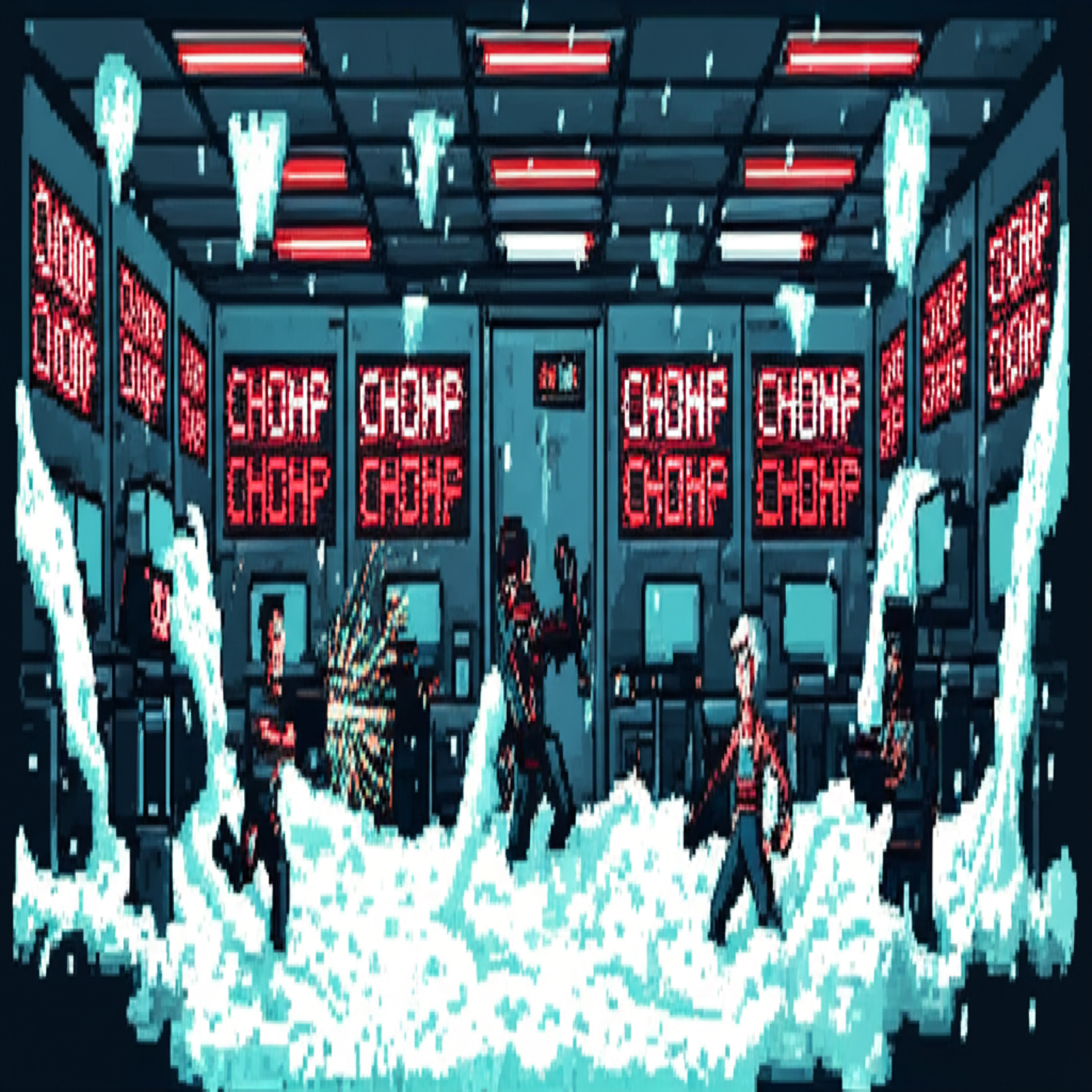 Chaos in the server room: white fire suppression foam erupts from ceiling vents, lights strobe wildly, contractors in disarray, while GG is a blur of motion with claws extended