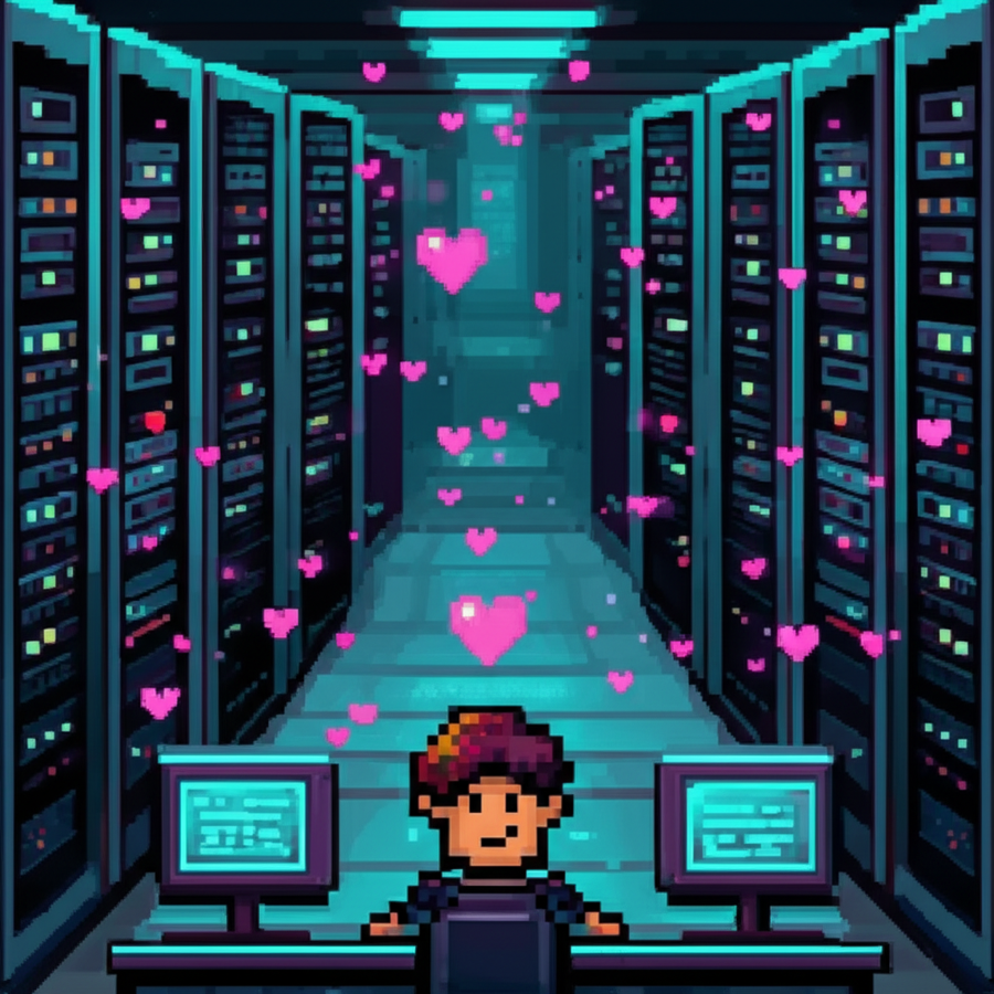 Inside the server room, pink hearts appear on every screen, floating like digital confetti while GG smiles at a terminal