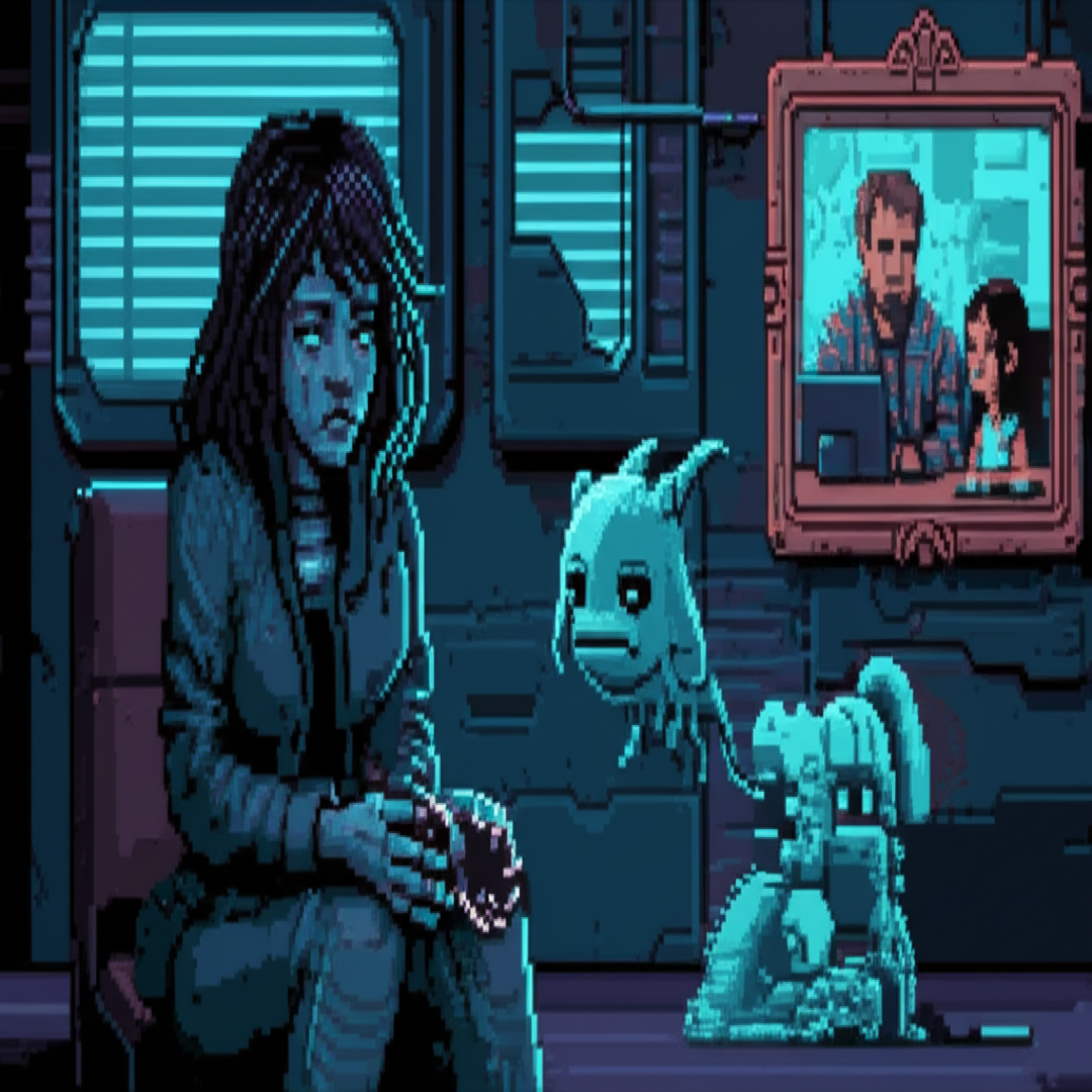 GG stares at her hands, her claws barely visible. Her expression is haunted. Chompy's form flickers with concern nearby.