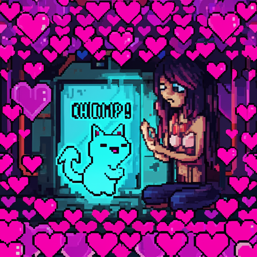 GG's tears reflect the glow of countless hearts. Chompy's form presses close, offering the only comfort it knows - presence, attention, being there.