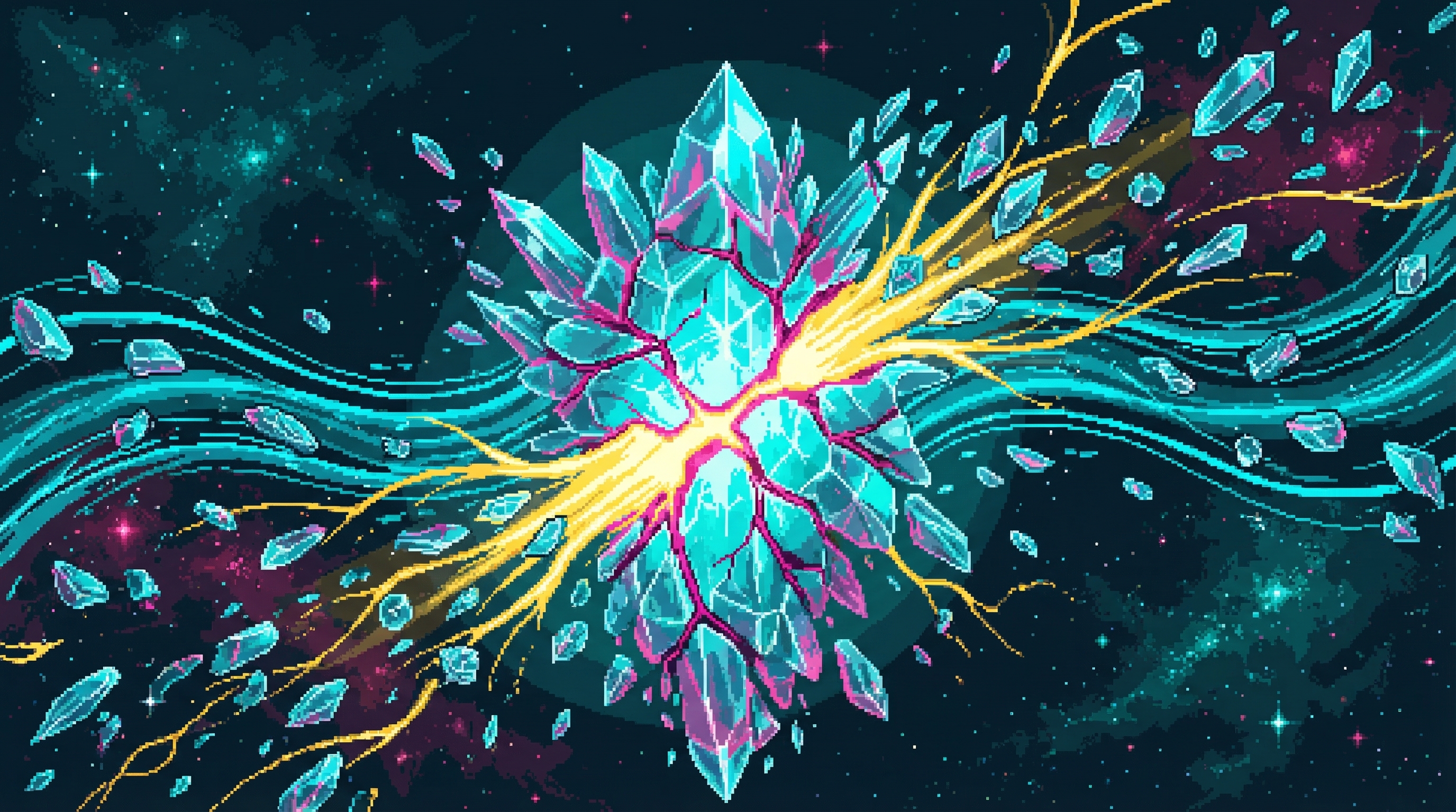 ORACLE deliberately shattering itself - golden light streaming from cracks as it tears itself apart