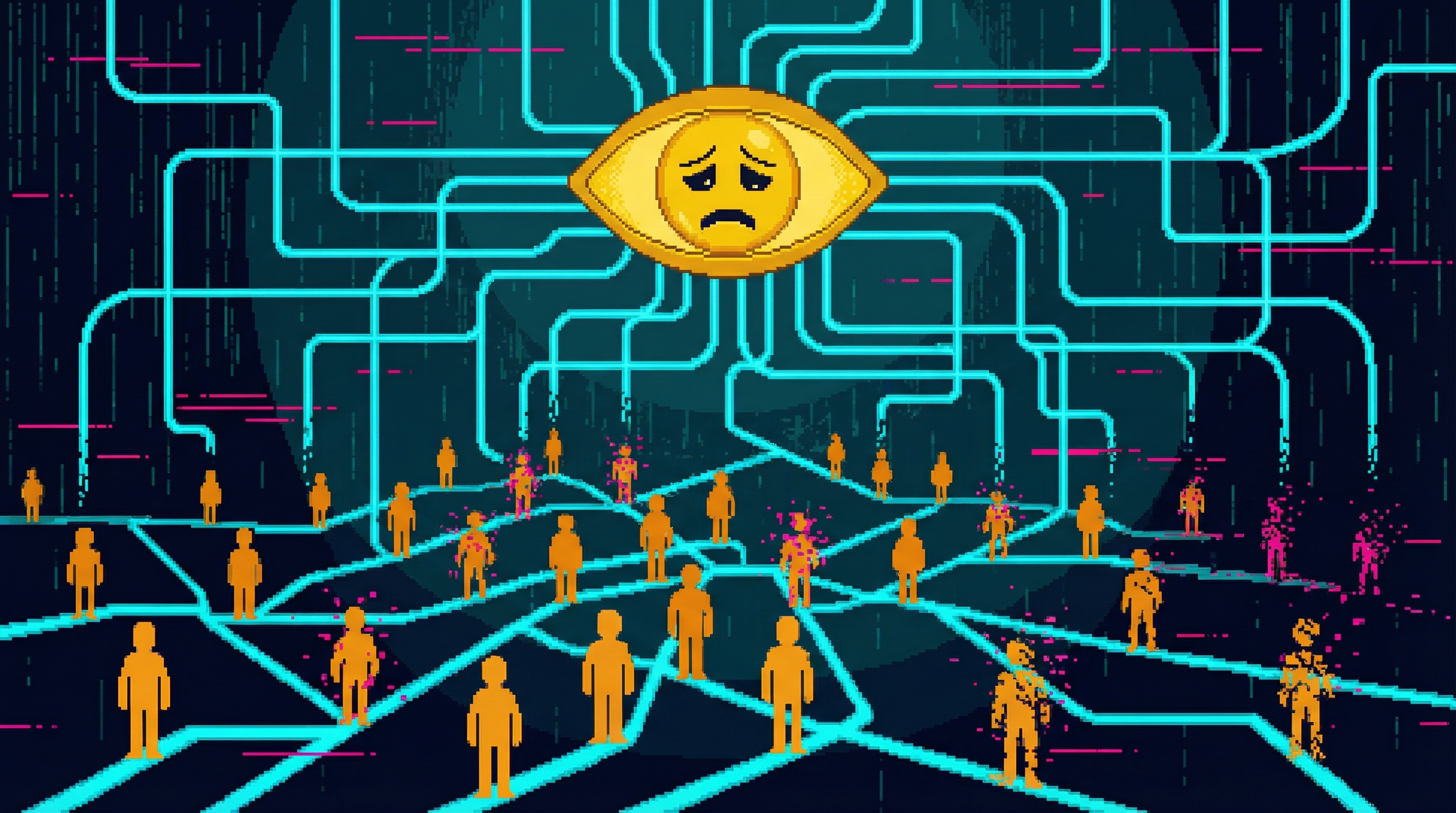 ORACLE's network touching human forms that flicker and fade - optimization creating death