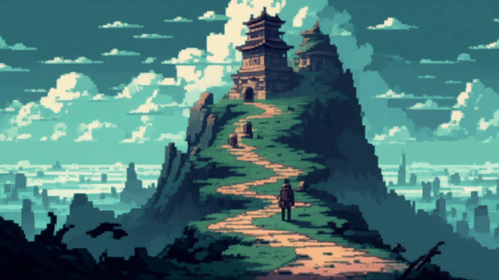 El Money climbing The Mountain, the only true mountain in the Sprawl, with the endless city stretching below