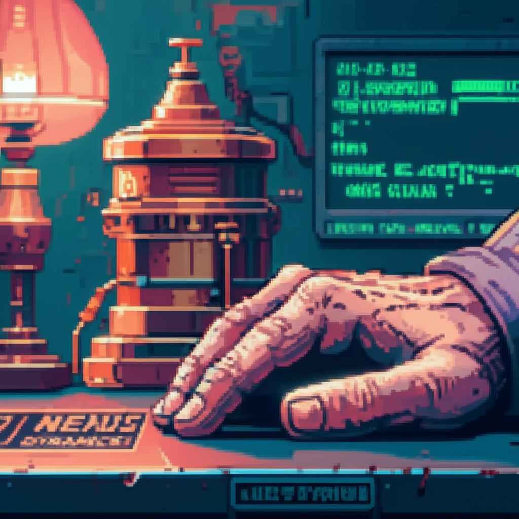 Close-up of El Money's hand on a salvaged counter with the Nexus Dynamics logo visible beneath scratches and stains